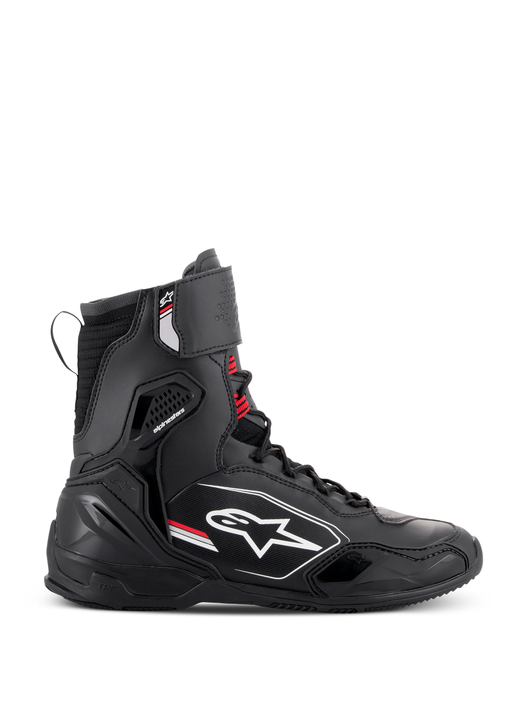 Alpinestars Superfaster schoenen, hoge motorrijschoenen, zwart, grijs en felrood, zijaanzicht met het witte Alpinestars-logo, verstevigde enkel- en hielbescherming, vetersysteem met een band aan de bovenkant
