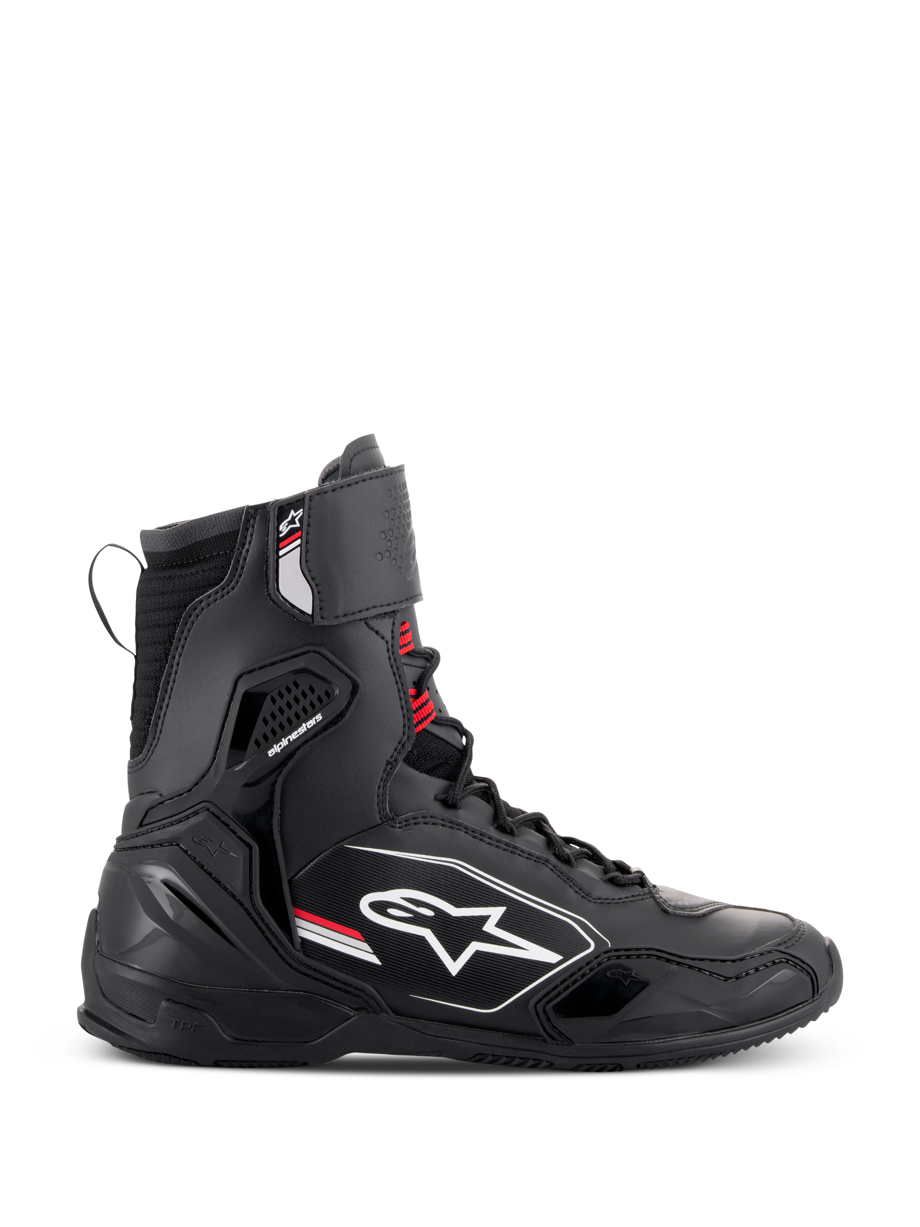 Alpinestars Superfaster schoenen, hoge motorrijschoenen, zwart, grijs en felrood, zijaanzicht met het witte Alpinestars-logo, verstevigde enkel- en hielbescherming, vetersysteem met een band aan de bovenkant