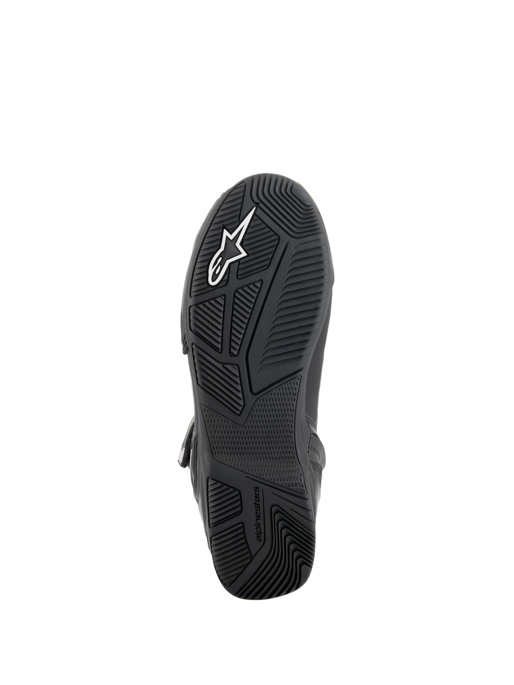 Alpinestars Superfaster schoenen, onderaanzicht van de zool, zwarte rubberen buitenzool met technisch ontworpen grip-patronen in meerdere richtingen, wit Alpinestars-logo en reliëfopdruk, technisch schoeisel voor motorrijden