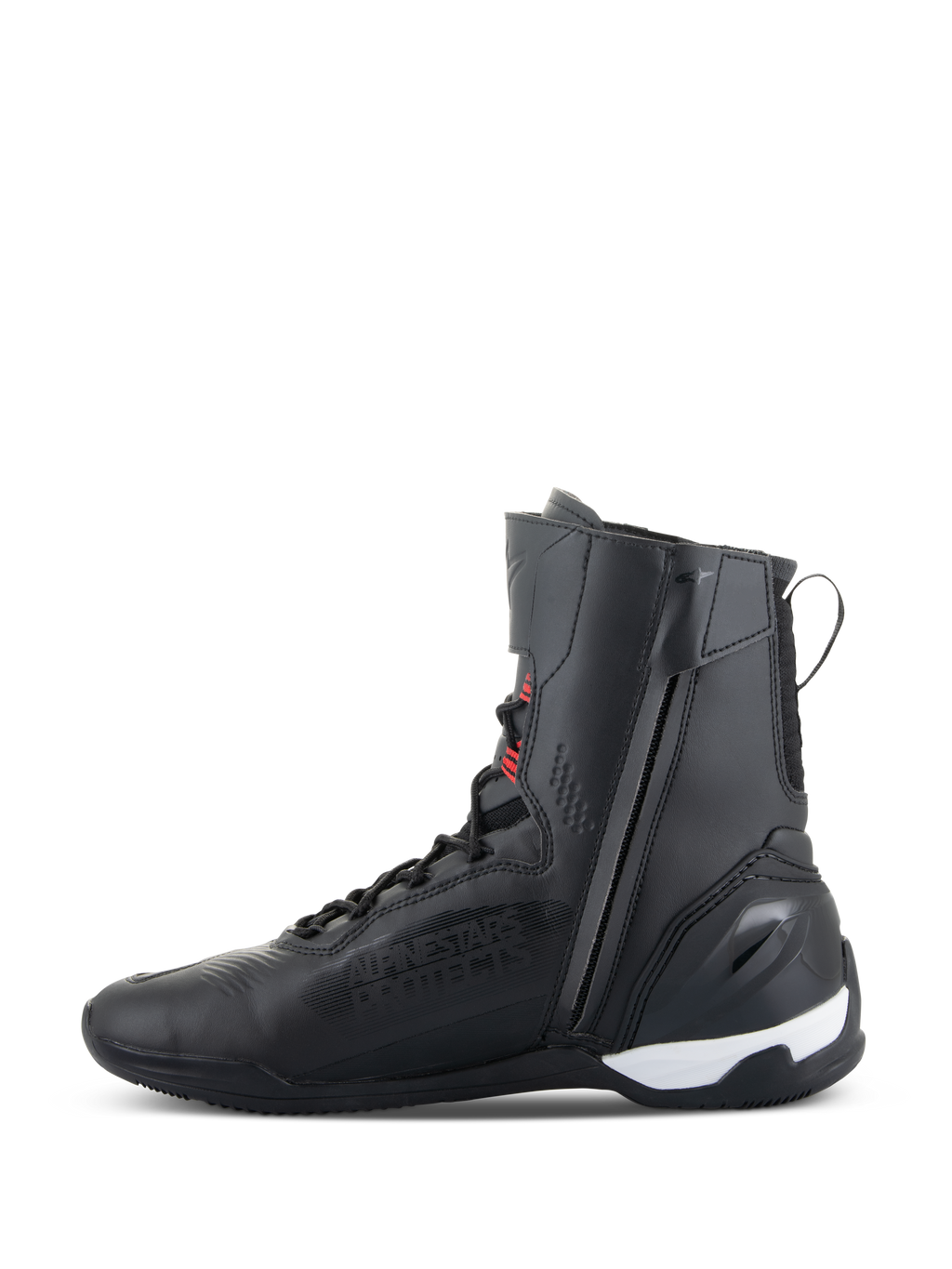 Alpinestars Superfaster Shoes, chaussures de moto montantes, noir avec des accents rouge vif et blanc, avec fermeture éclair latérale, système de laçage rapide et contrefort de talon en TPU renforcé, design athlétique pour la conduite sur route et sportive