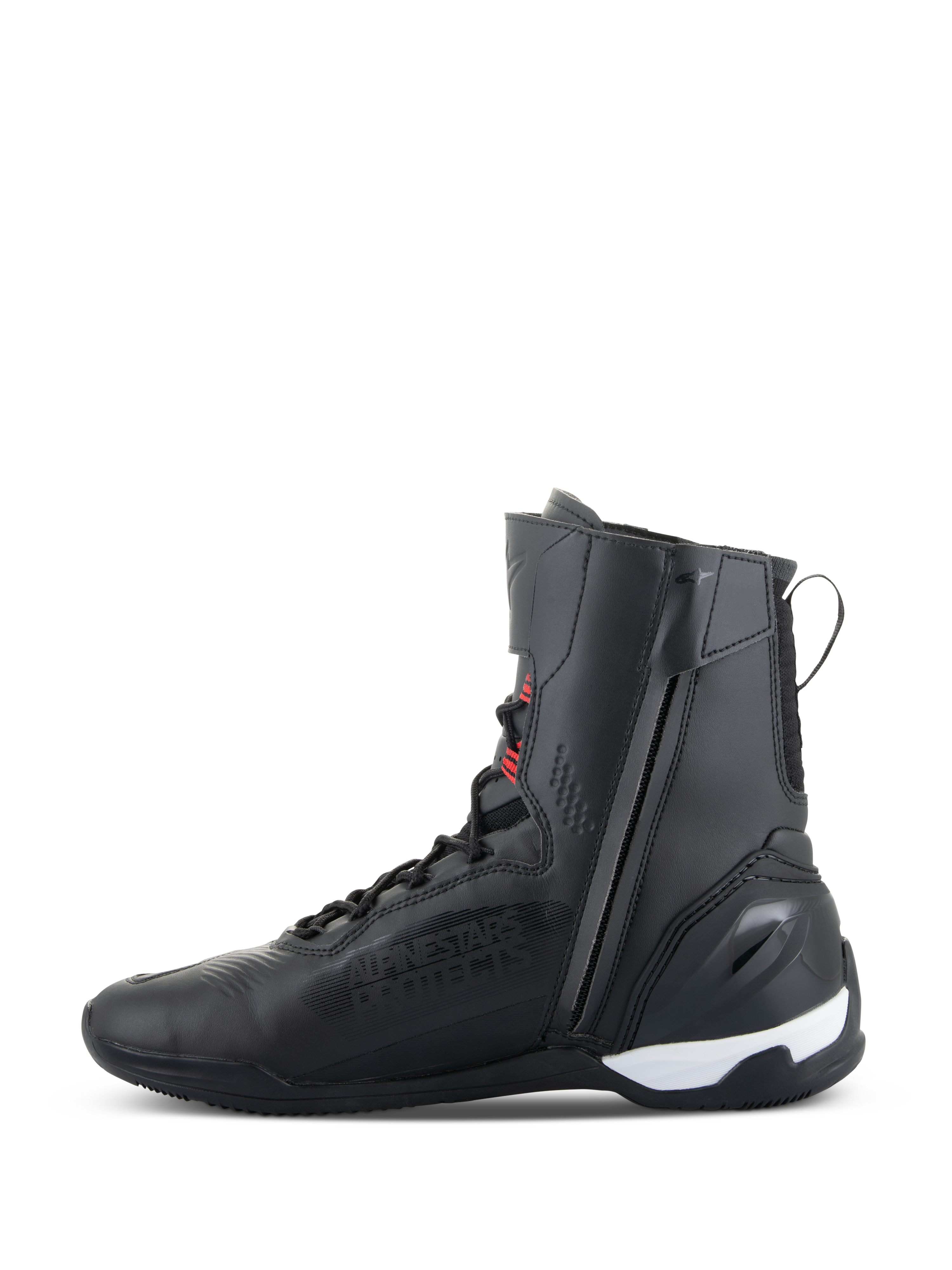 Alpinestars Superfaster Shoes, chaussures de moto montantes, noir avec des accents rouge vif et blanc, avec fermeture éclair latérale, système de laçage rapide et contrefort de talon en TPU renforcé, design athlétique pour la conduite sur route et sportive