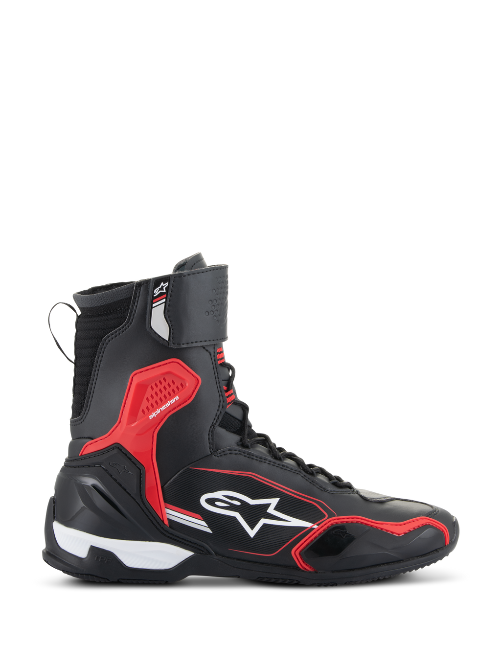 Chaussures Alpinestars Superfaster, chaussures de moto, noir, rouge vif et blanc, vue de profil avec un col montant, une protection contre les chocs en TPU rouge et le logo Alpinestars blanc, chaussures de route protectrices orientées sport