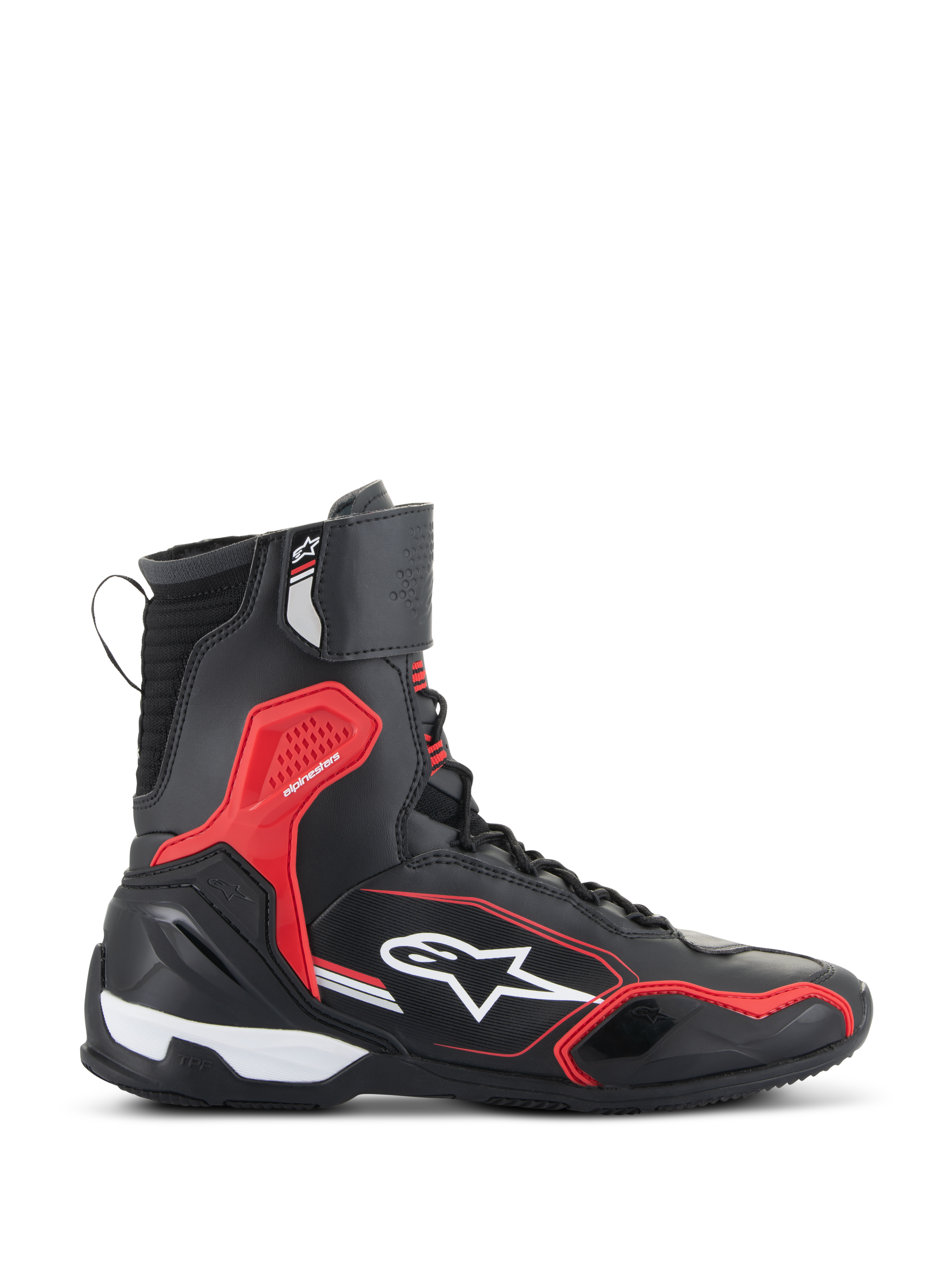 Alpinestars Superfaster Schuhe, Motorradschuhe, Schwarz, Leuchtend Rot und Weiß, Seitenansicht mit hohem Schaft, rotem TPU-Aufprallschutz und weißem Alpinestars-Logo, sportorientiertes schützendes Schuhwerk für die Straße