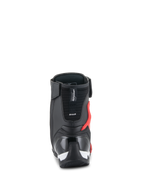 Chaussures Alpinestars Superfaster, chaussures de moto, noir, rouge vif et blanc, vue arrière montrant le contrefort de talon en TPU renforcé et la protection du talon d'Achille, design technique montant.
