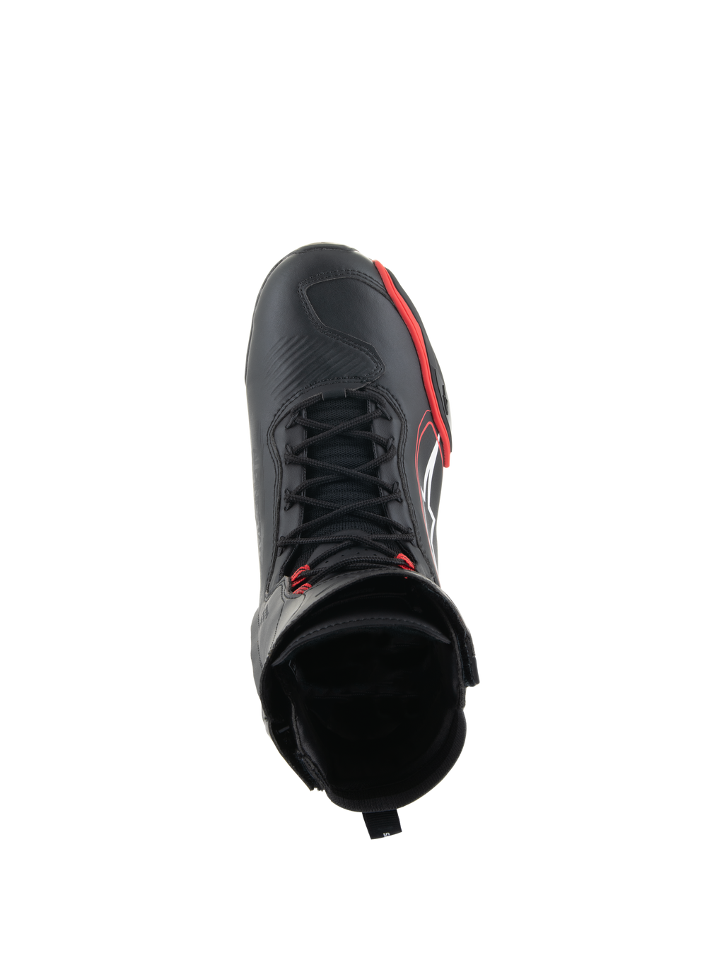 Chaussures Alpinestars Superfaster, chaussures de moto, noir, rouge vif et blanc, vue de dessus montrant le système de laçage rapide et le col montant, équipement professionnel pour la conduite sur route et sportive