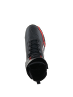 Chaussures Alpinestars Superfaster, chaussures de moto, noir, rouge vif et blanc, vue de dessus montrant le système de laçage rapide et le col montant, équipement professionnel pour la conduite sur route et sportive