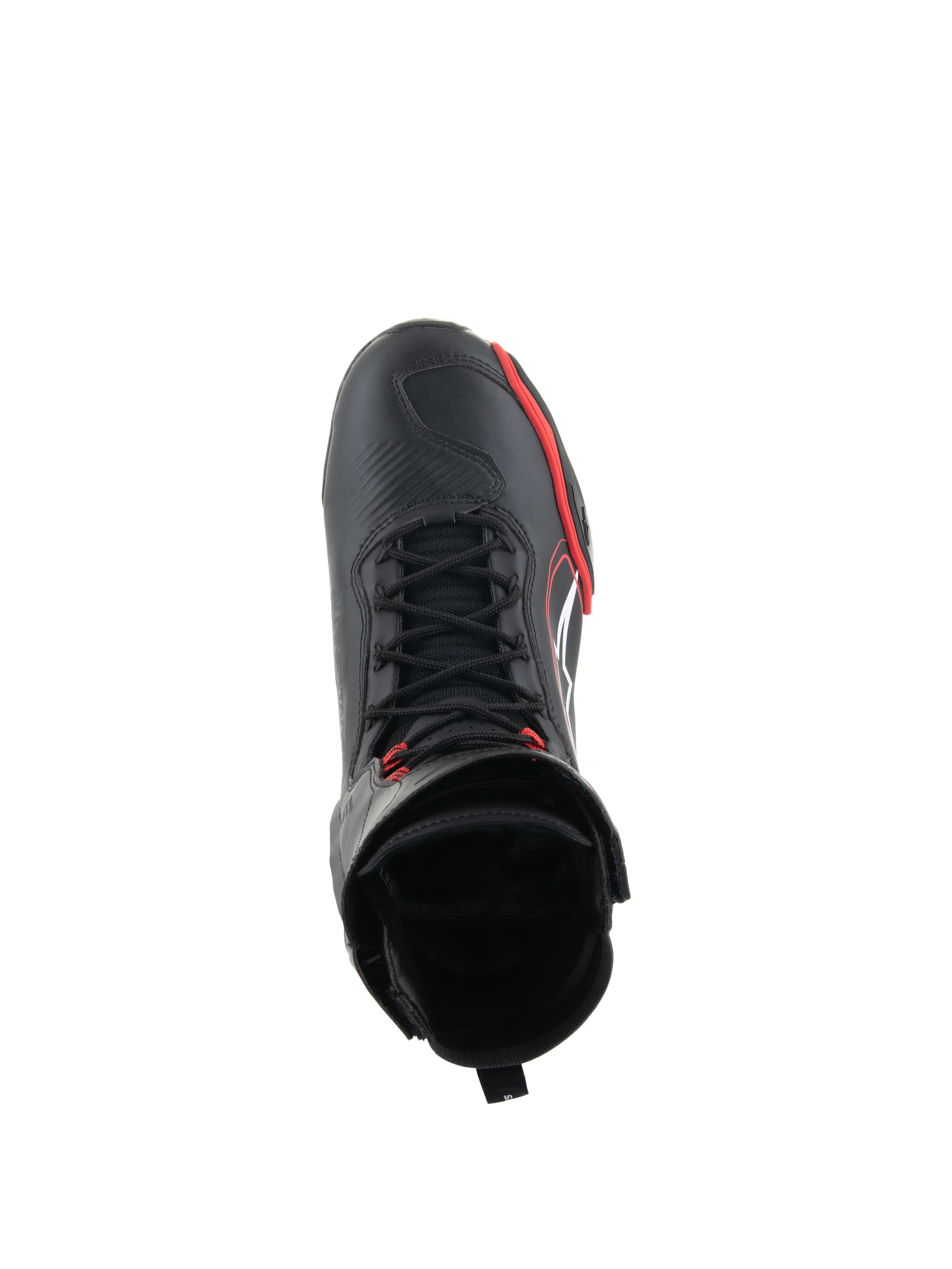 Chaussures Alpinestars Superfaster, chaussures de moto, noir, rouge vif et blanc, vue de dessus montrant le système de laçage rapide et le col montant, équipement professionnel pour la conduite sur route et sportive