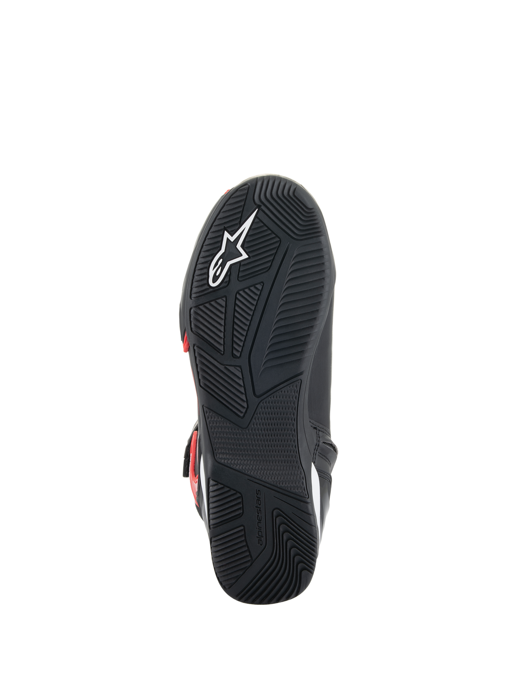 Chaussures Alpinestars Superfaster, vue de la semelle, semelle extérieure en caoutchouc noir avec motif d'adhérence technique, logo Astars blanc et marquage Alpinestars embossé, conçues pour la conduite moto et le confort de marche