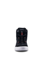 Alpinestars Chrome Shoes, Black Cool Gray Red Fluo, front view of urban motorcycle riding shoe featuring split suede construction, white sole, and elasticated closure with red accents.