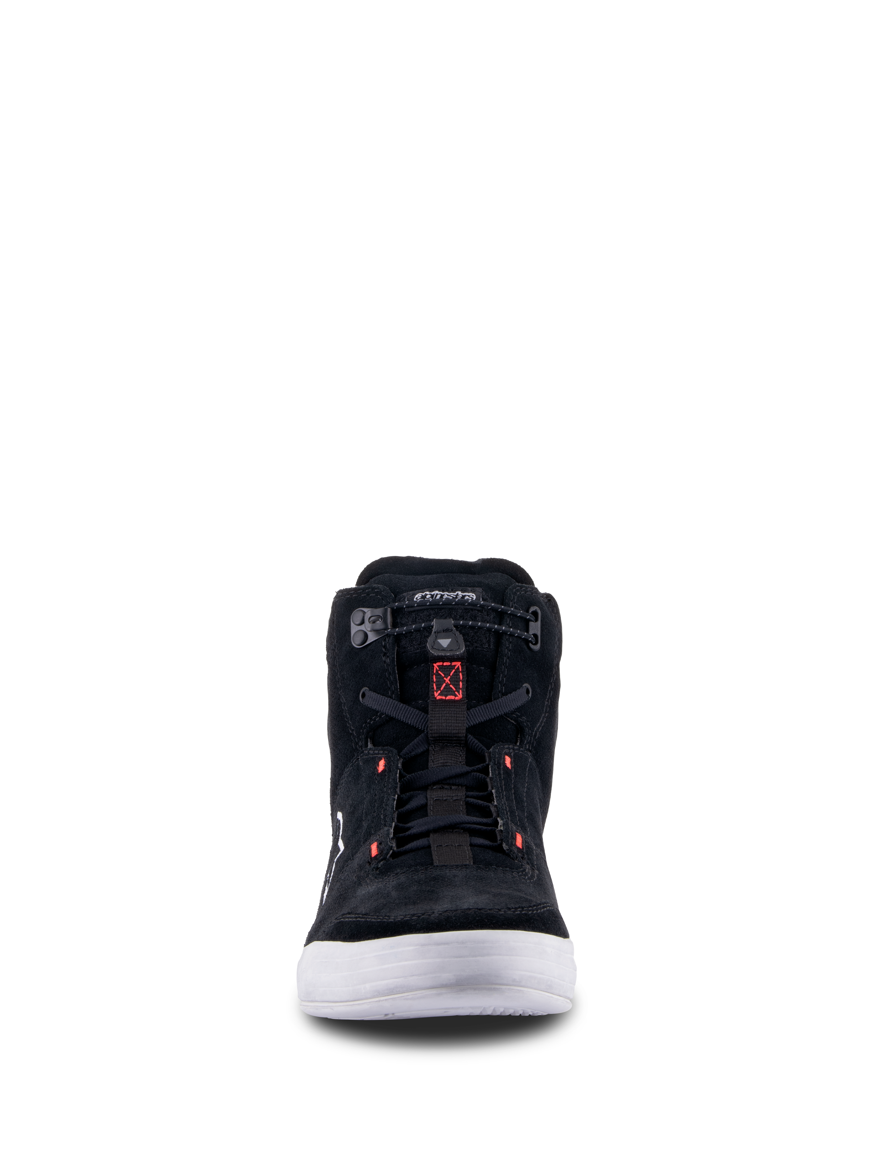 Alpinestars Chrome Shoes, Black Cool Gray Red Fluo, front view of urban motorcycle riding shoe featuring split suede construction, white sole, and elasticated closure with red accents.