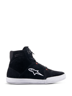 Alpinestars Chrome Shoes, Urban Riding Shoes, Black and White with Red Fluo accents, side profile featuring split suede construction, large white A-star logo, white rubber cup sole, and casual sneaker-inspired silhouette for motorcycle commuting