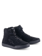 Alpinestars Chrome Shoes, Urban Motorcycle Riding Shoes, Black Black, high-top split suede construction, featuring a tonal star logo on the side, lace-up front with elasticated top closure, and a flat rubber sole for a casual street-ready look.