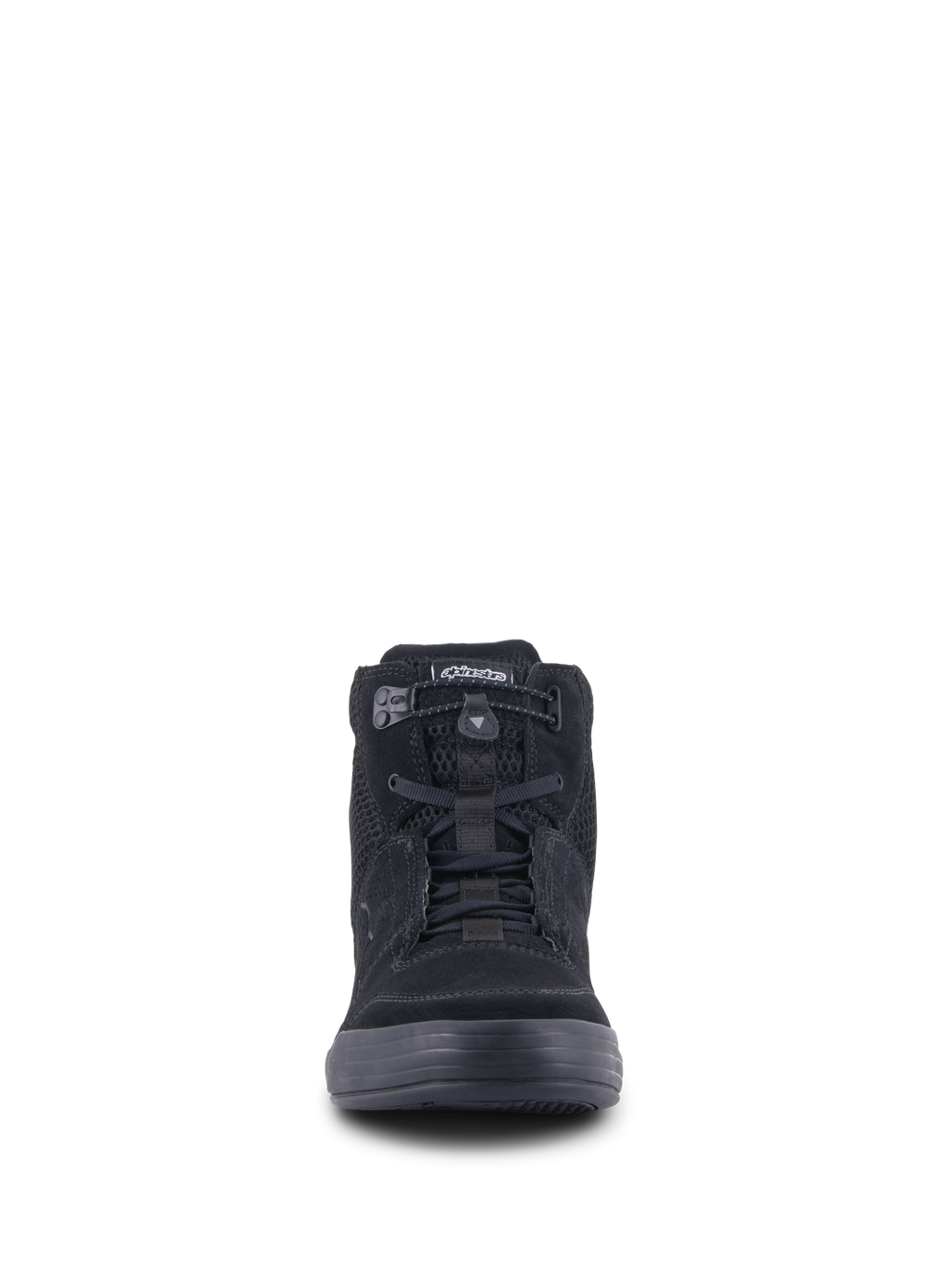 Alpinestars Chrome Air Shoe, chaussure de moto urbaine, noir, vue de face montrant une tige en daim fendu et mesh, fermeture élastiquée et design de basket montante décontractée