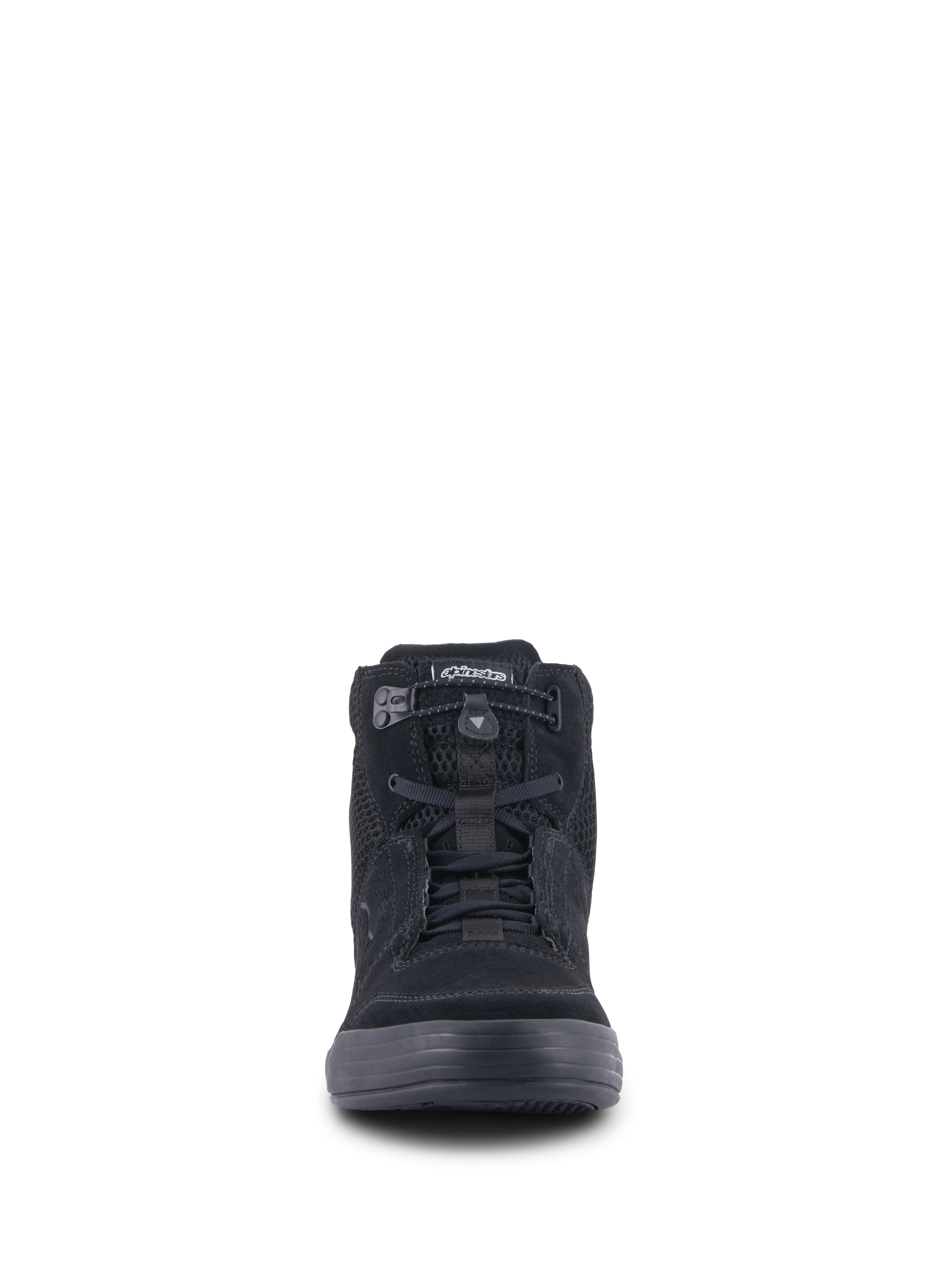 Alpinestars Chrome Air Shoe, chaussure de moto urbaine, noir, vue de face montrant une tige en daim fendu et mesh, fermeture élastiquée et design de basket montante décontractée