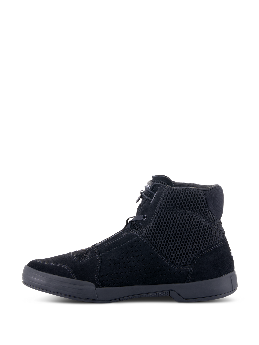 Chaussure Alpinestars Chrome Air, chaussure de moto urbaine, noir/noir, vue de profil, design de baskets montantes avec construction en mesh respirant et daim fendu, semelle plate en caoutchouc