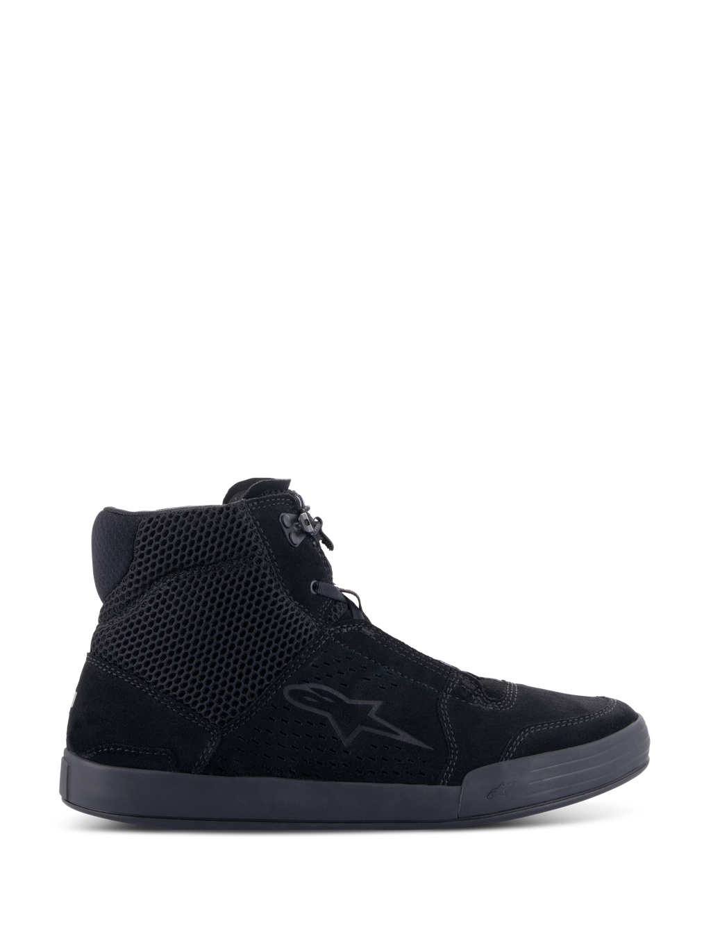 Chaussures Alpinestars Chrome Air, chaussures de moto urbaines, noir sur noir, vue latérale avec tige en daim fendu et mesh, silhouette de baskets montantes, chaussures de protection décontractées pour la route