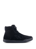 Chaussures Alpinestars Chrome Air, chaussures de moto urbaines, noir sur noir, vue latérale avec tige en daim fendu et mesh, silhouette de baskets montantes, chaussures de protection décontractées pour la route