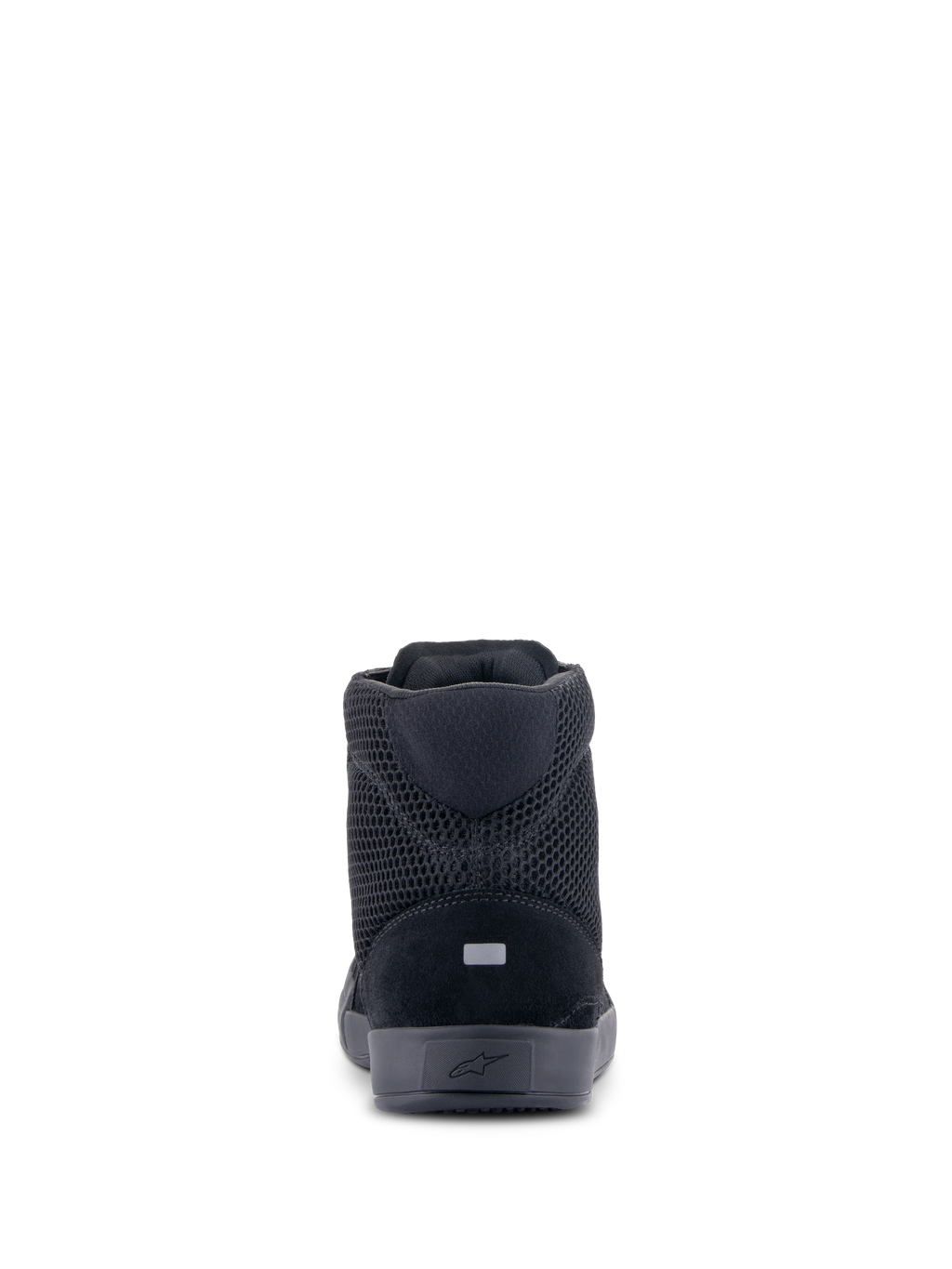 Alpinestars Chrome Air Shoe, chaussure de moto, noir, vue arrière montrant la tige en mesh respirant et daim fendu, détail réfléchissant au talon, design de protection urbain et décontracté