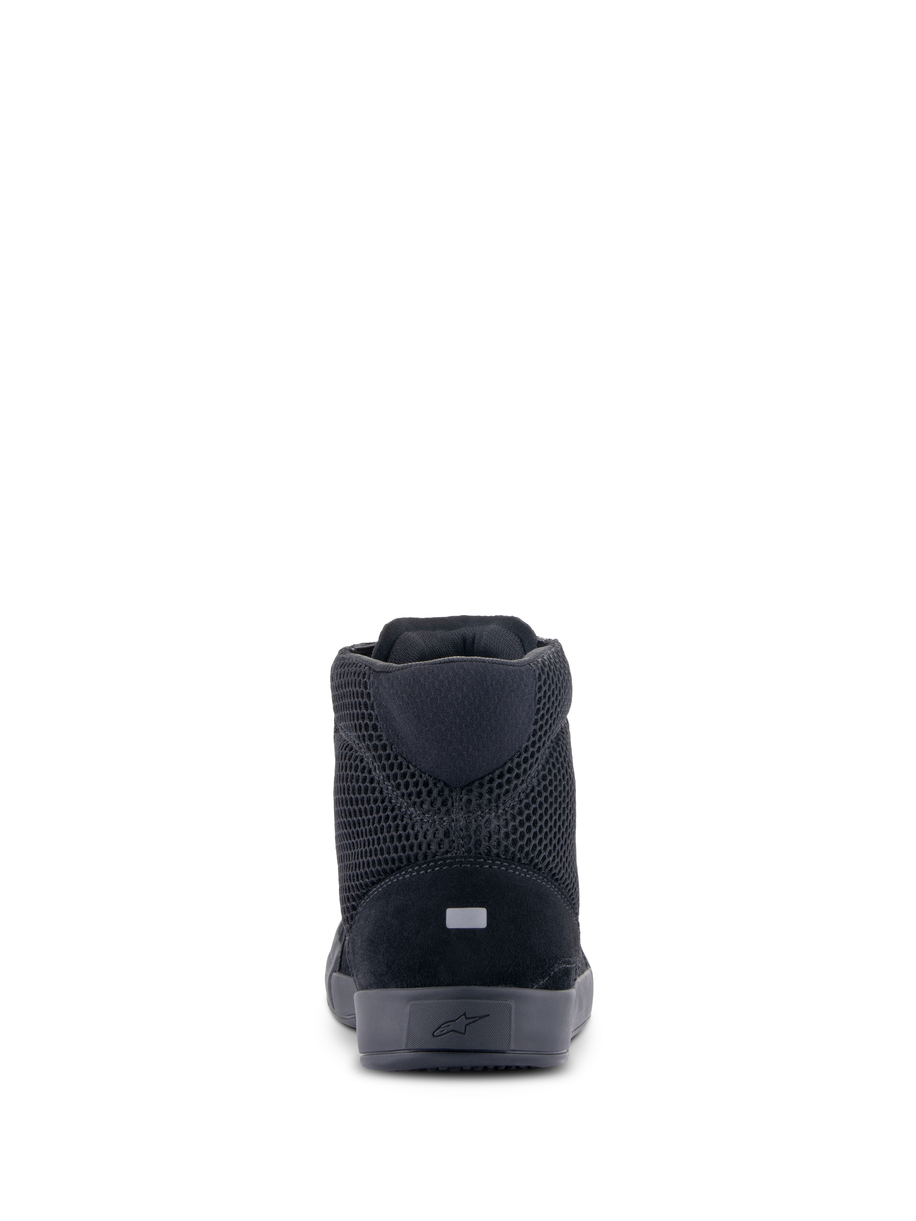 Alpinestars Chrome Air Shoe, chaussure de moto, noir, vue arrière montrant la tige en mesh respirant et daim fendu, détail réfléchissant au talon, design de protection urbain et décontracté