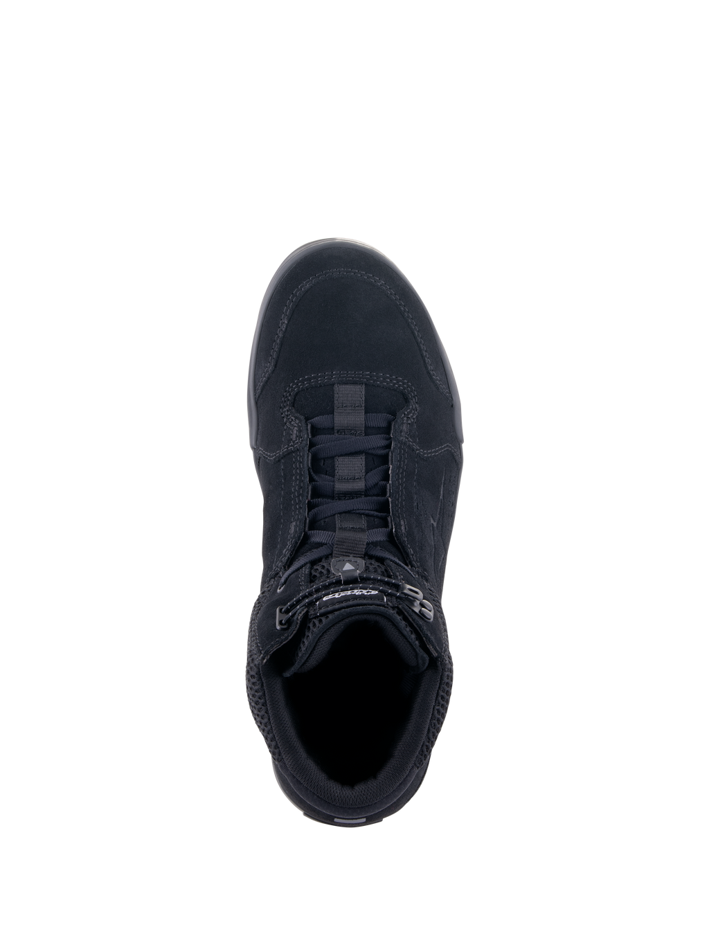 Chaussures Alpinestars Chrome Air, chaussures de moto urbaines, noir, vue de dessus montrant la tige en daim fendu et en mesh, système de laçage avec fermeture élastiquée, design de basket décontractée pour les trajets urbains