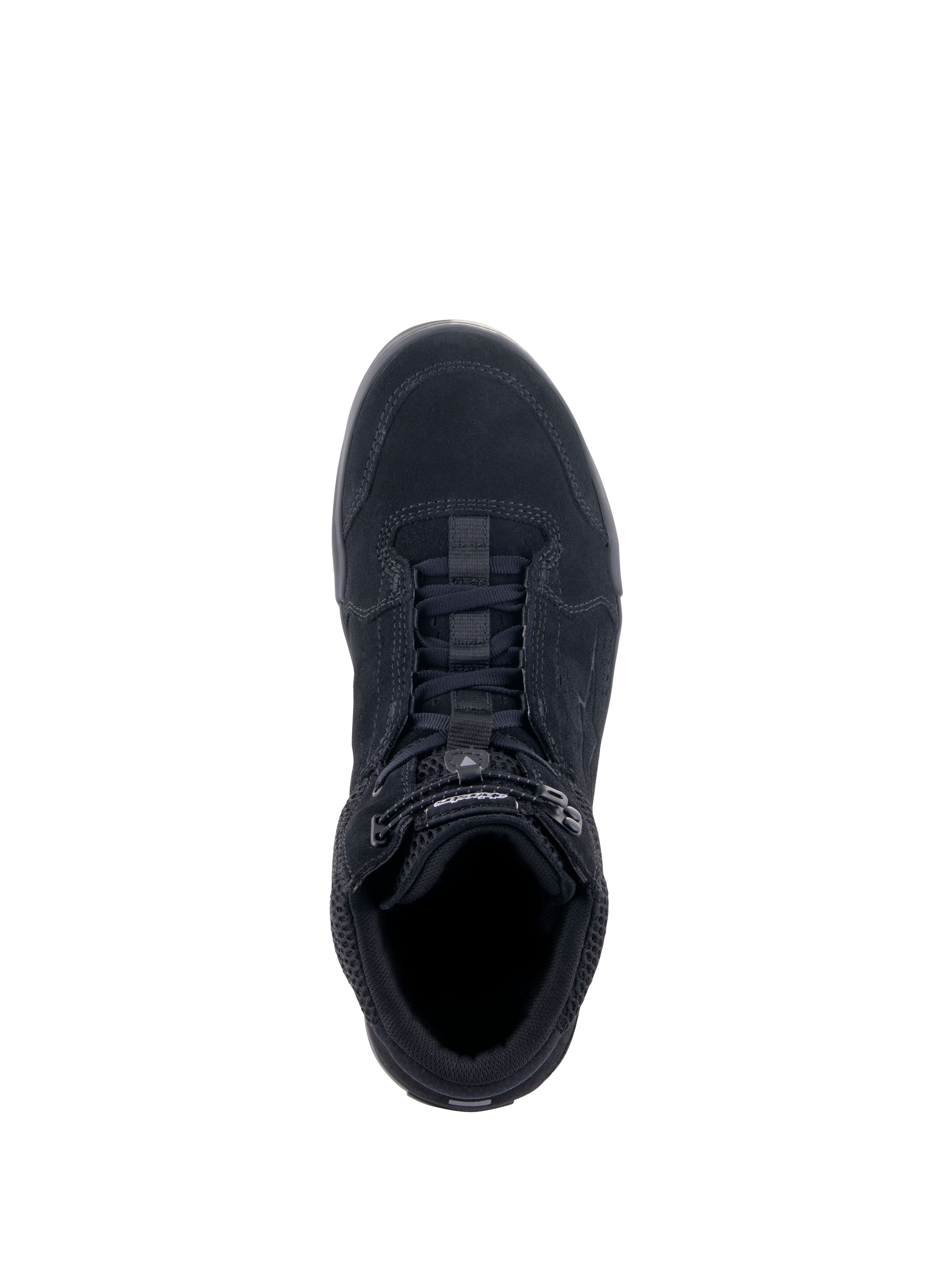 Chaussures Alpinestars Chrome Air, chaussures de moto urbaines, noir, vue de dessus montrant la tige en daim fendu et en mesh, système de laçage avec fermeture élastiquée, design de basket décontractée pour les trajets urbains