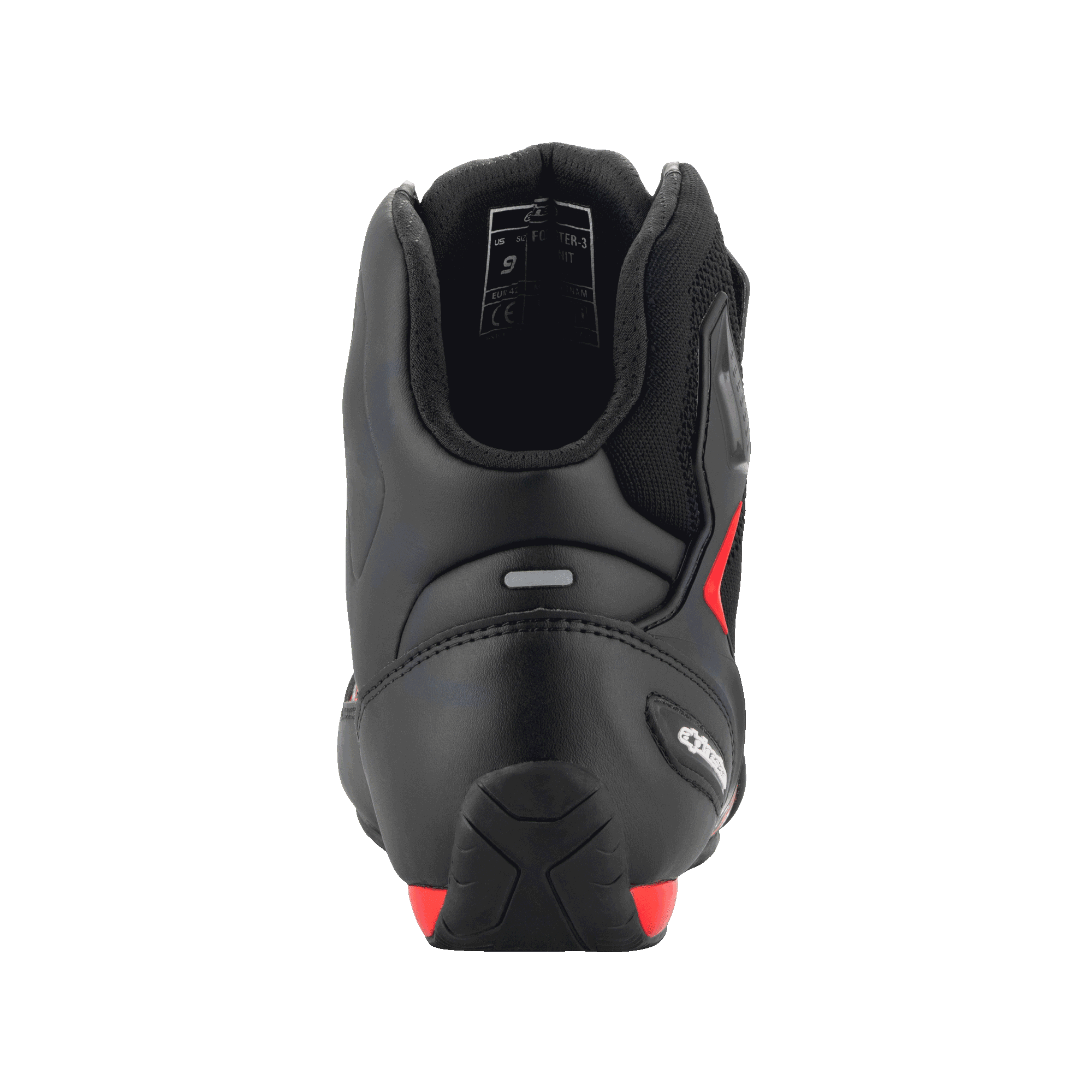 Alpinestars FQ20 Faster-3 Rideknit® Schuhe, Schwarz und leuchtendes Rot, Rückansicht mit Fokus auf die konturierte Fersenkappe, den Reflexstreifen und den gepolsterten Knöchelbereich, technisches Motorrad-Schuhwerk