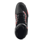 Alpinestars FQ20 Faster-3 Rideknit® Schuhe, Draufsicht, Schwarz und leuchtendes Rot, sportliches Design mit Schnürung und atmungsaktivem Mesh, rote und weiße Grafikakzente an den Seiten, urbaner Sport-Motorradschuh