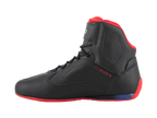Alpinestars FQ20 Faster-3 Rideknit® Schuhe, Motorradschuhe, Schwarz, Hellrot und Blau, Seitenprofilansicht mit rotem „EL DIABLO“-Schriftzug, rote Sohle und Kragenfutter, atmungsaktive Mesh- und Mikrofaser-Konstruktion mit perforierten Seitenteilen
