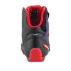 Alpinestars FQ20 Faster-3 Rideknit® Schuhe, Motorradschuhe, Schwarz, Leuchtend Rot und Blau, Rückansicht mit rotem TPR-Fersenschutz, gepolstertem rotem Mesh-Futter und Reflektorstreifen, sportliches Design für die Straße.