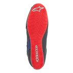 Alpinestars FQ20 Faster-3 Rideknit® Schuhe, Sohlenansicht von unten, leuchtendes Rot mit weißem Alpinestars-Logo und Schriftzug, strukturiertes Profilmuster für das Motorradfahren