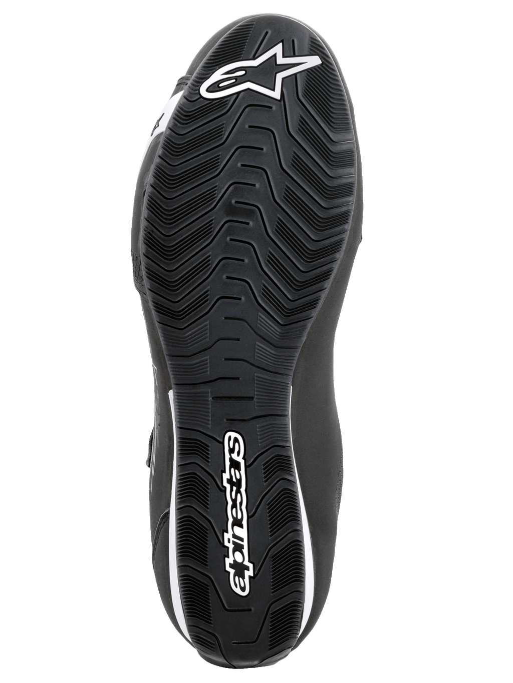 Chaussures Alpinestars Sektor, chaussures de moto, noir et blanc, vue de dessous de la semelle en caoutchouc texturée avec motif ondulé, logo Alpinestars blanc et symbole de l'étoile.