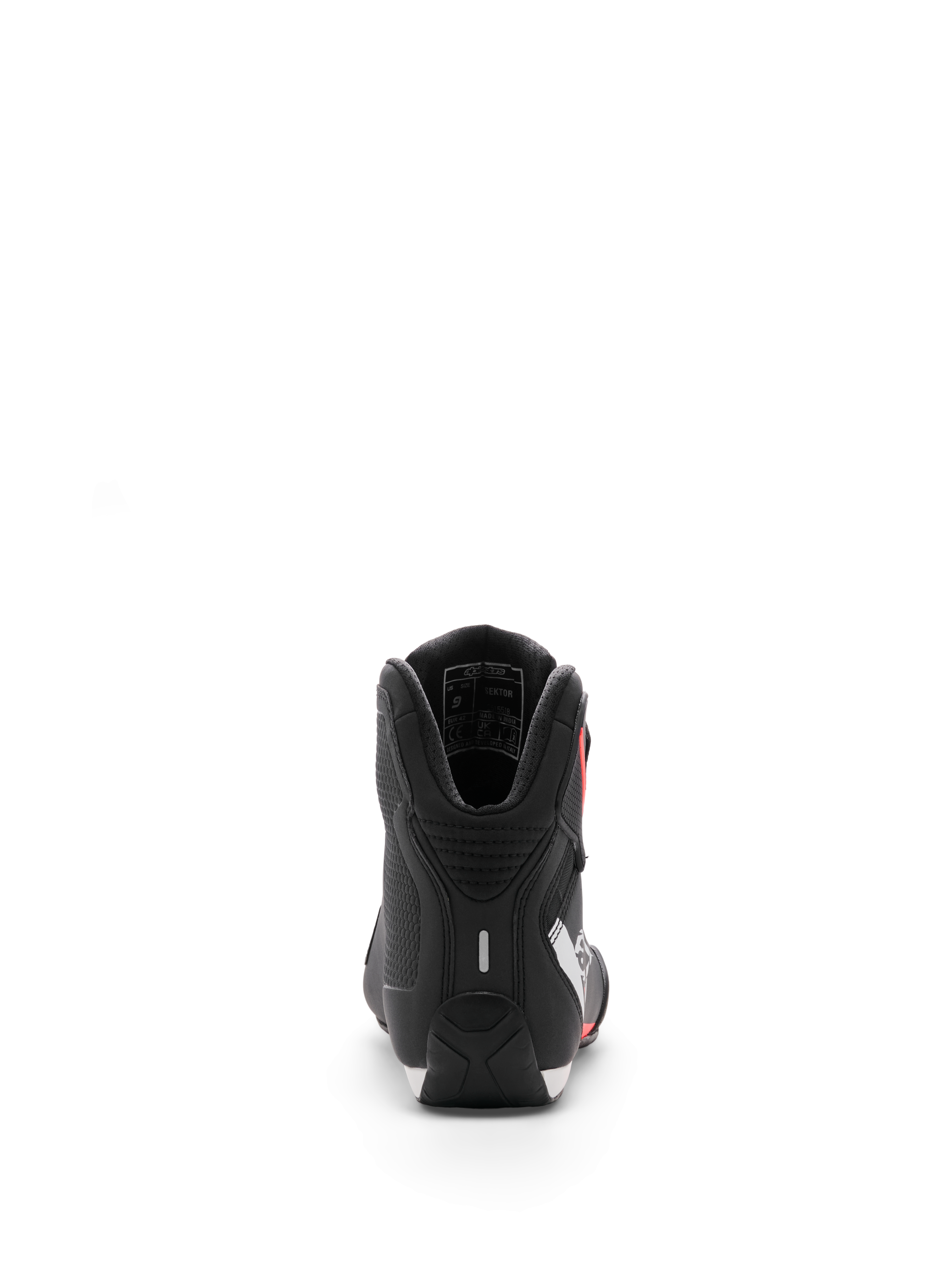 Alpinestars Sektor Schoen, motorschoenen, zwart wit rood fluo, achteraanzicht met focus op de hiel en interne enkelvulling, strakke microvezelafwerking voor sport- en weggebruik