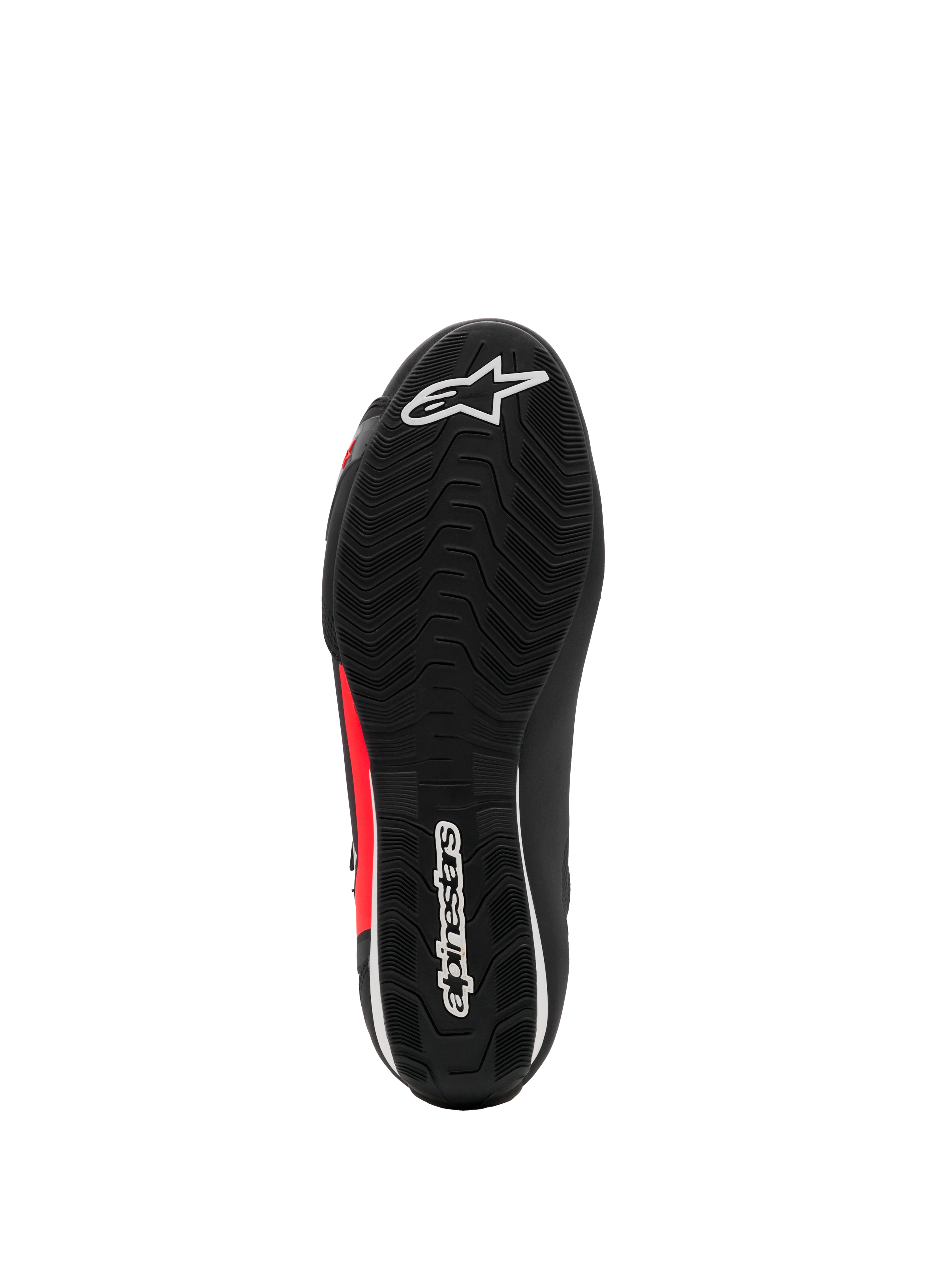 Alpinestars Sektor schoen, motorschoenen, zwart, wit en fluo rood, onderaanzicht met getextureerde rubberen zool met witte logo's en rode accenten, lichtgewicht ontwerp voor motorrijden op de weg