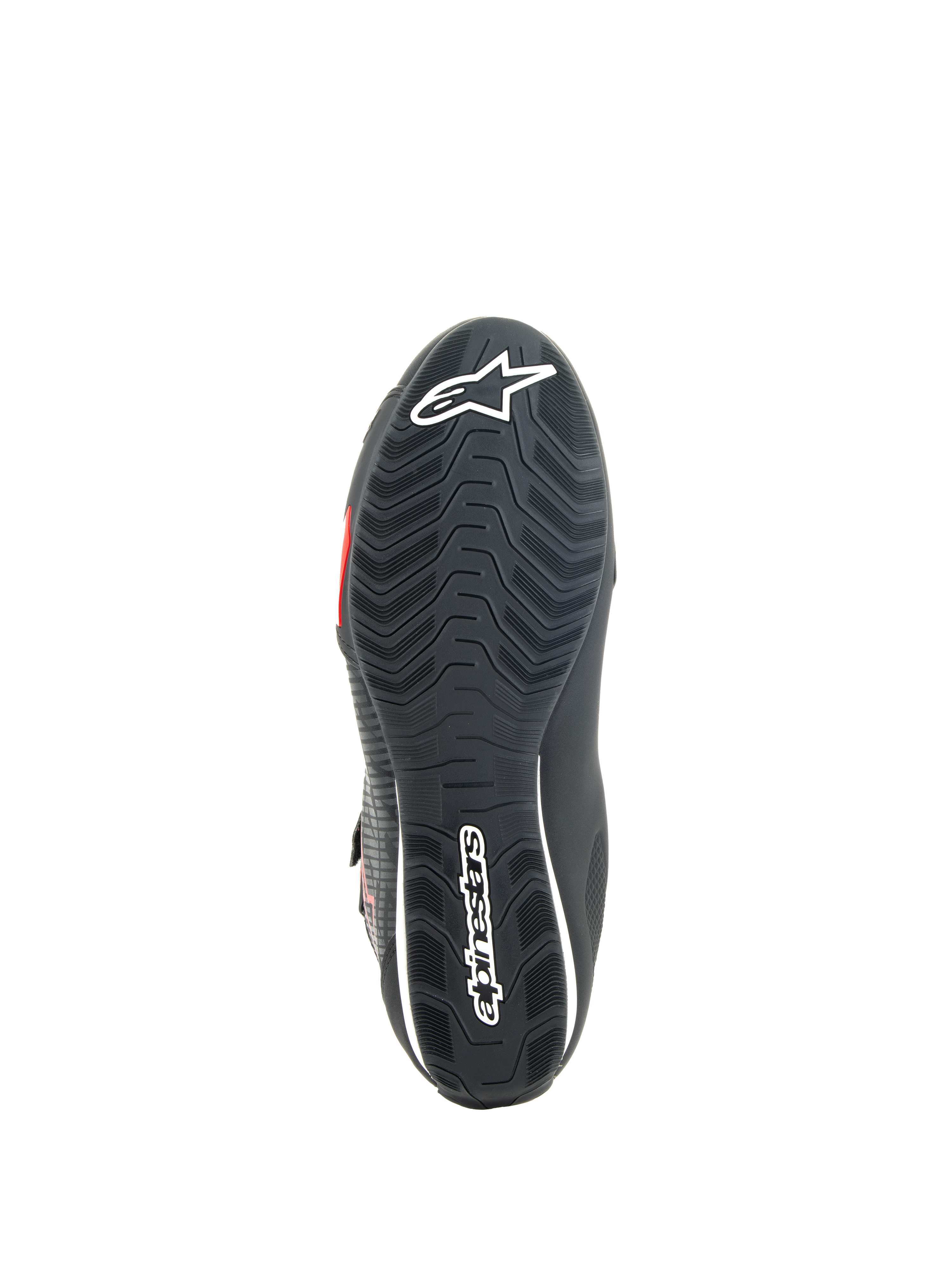 Alpinestars Sektor Schuhe, Motorradschuhe, Schwarz und Hellrot, Unteransicht der strukturierten Gummisohle mit weißem Alpinestars-Branding und integriertem Verstärkungsschaft für Grip und Stabilität.