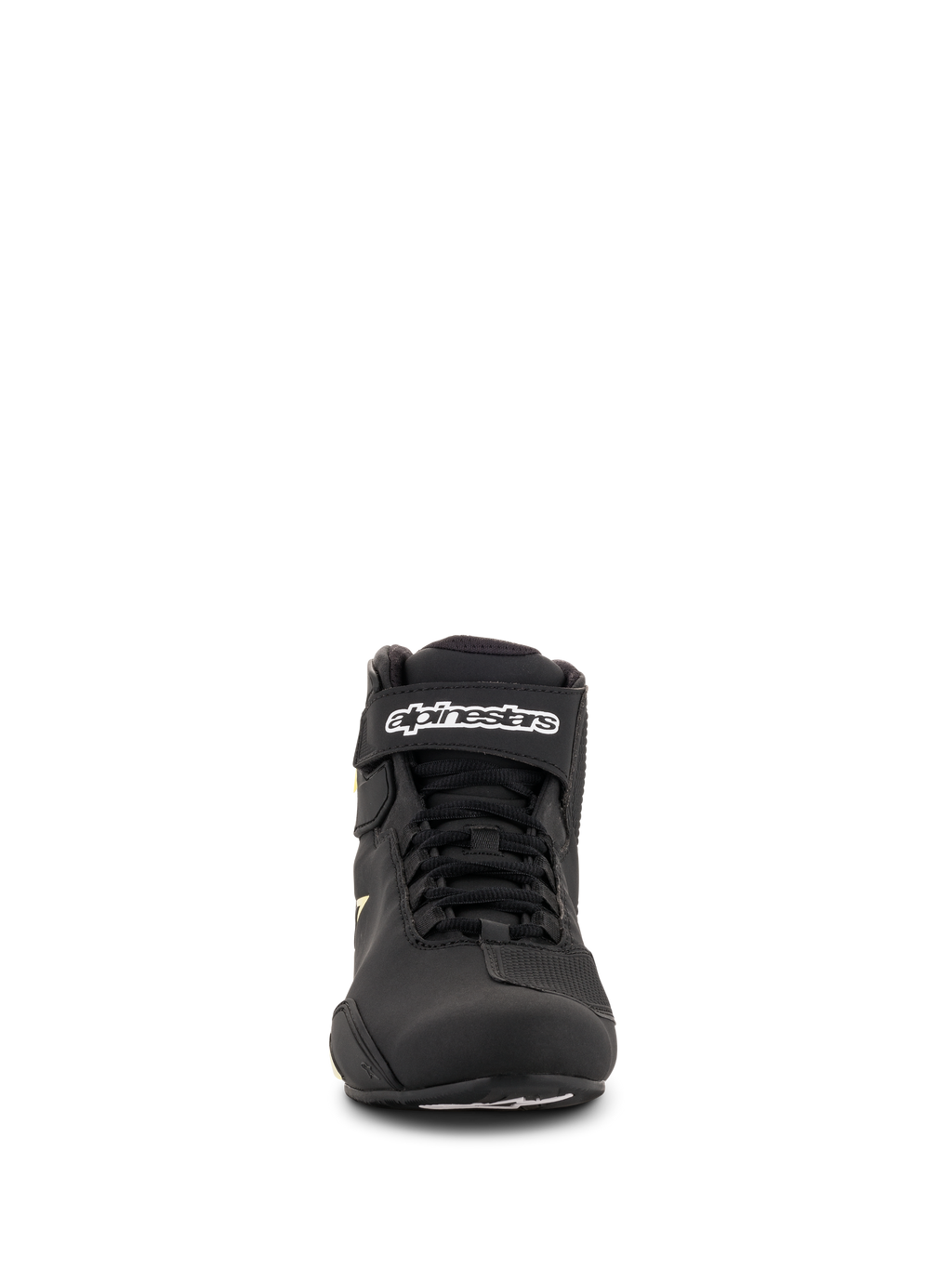 Alpinestars Sektor Schuhe, Motorradschuhe, Schwarz und Gelb Fluo, Vorderansicht mit Speed-Lacing-System, Knöchelriemen mit weißem Branding, leichte Mikrofaser-Konstruktion