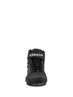 Alpinestars Sektor Schuhe, Motorradschuhe, Schwarz und Gelb Fluo, Vorderansicht mit Speed-Lacing-System, Knöchelriemen mit weißem Branding, leichte Mikrofaser-Konstruktion