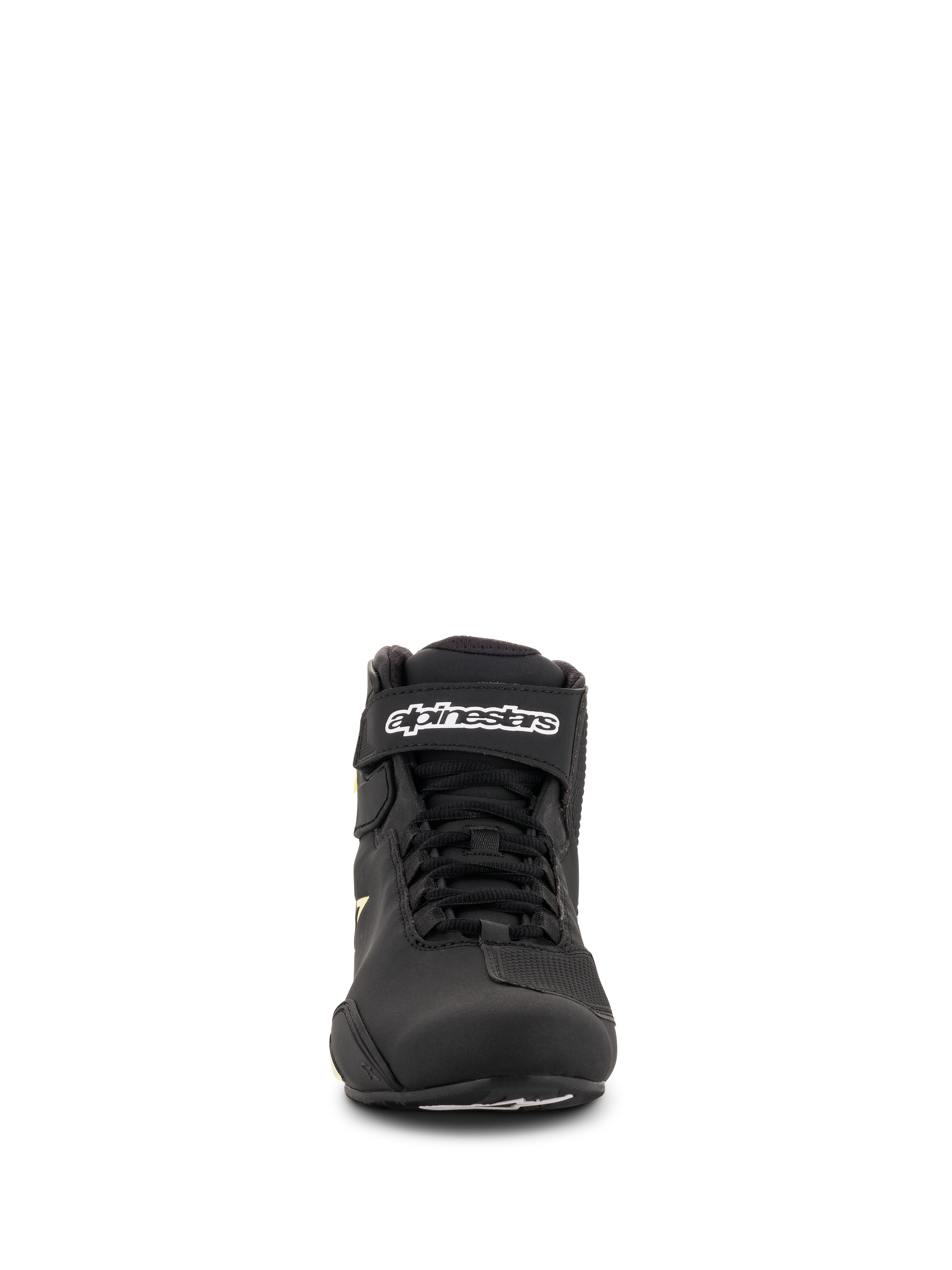 Alpinestars Sektor Schuhe, Motorradschuhe, Schwarz und Gelb Fluo, Vorderansicht mit Speed-Lacing-System, Knöchelriemen mit weißem Branding, leichte Mikrofaser-Konstruktion