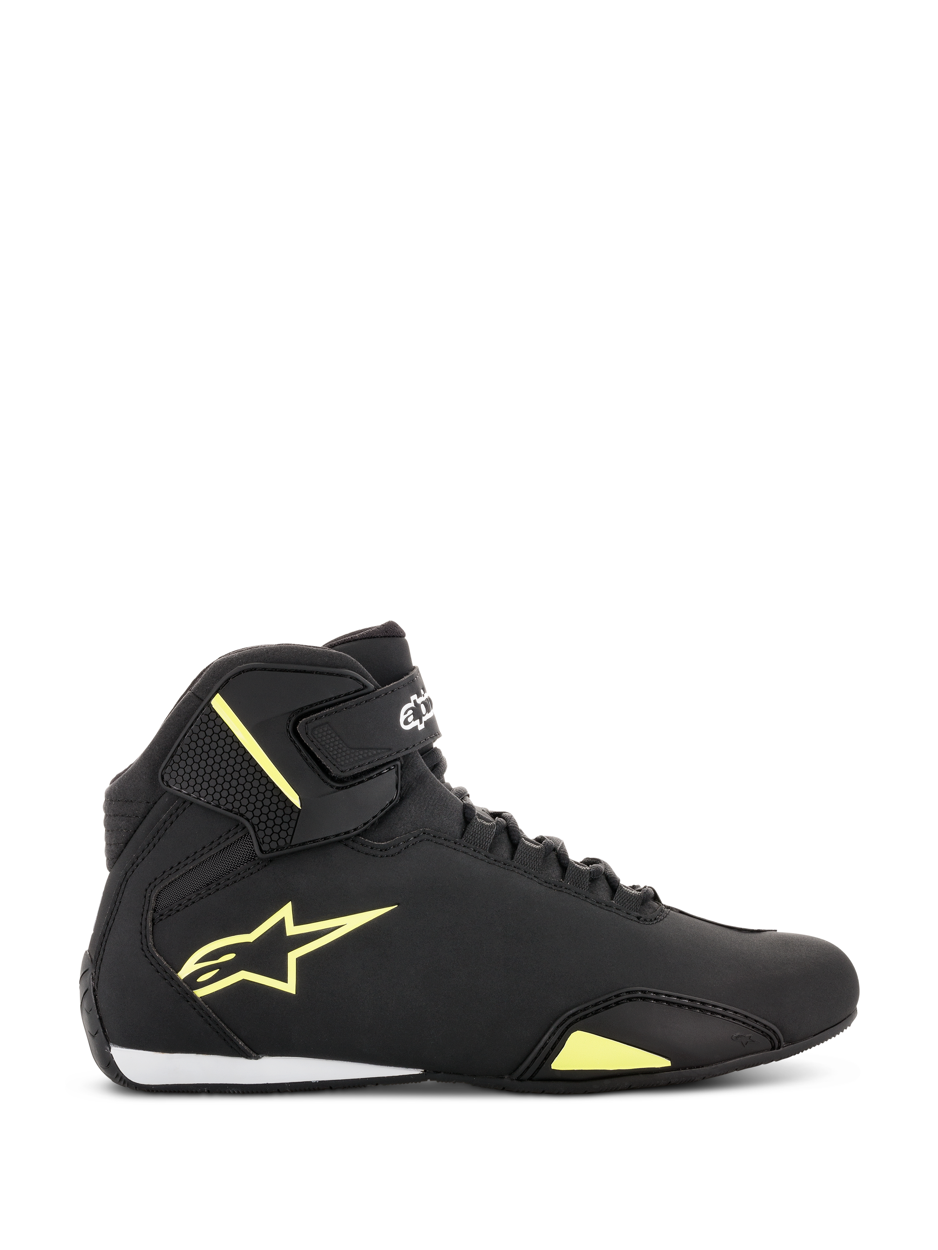 Alpinestars Sektor Schuhe, Motorradschuhe, Schwarz und Neongelb, Seitenansicht mit gelbem Astars-Logo, Knöchelriemen mit weißem Branding, Speed-Lacing-System und schlanke Mikrofaser-Konstruktion.