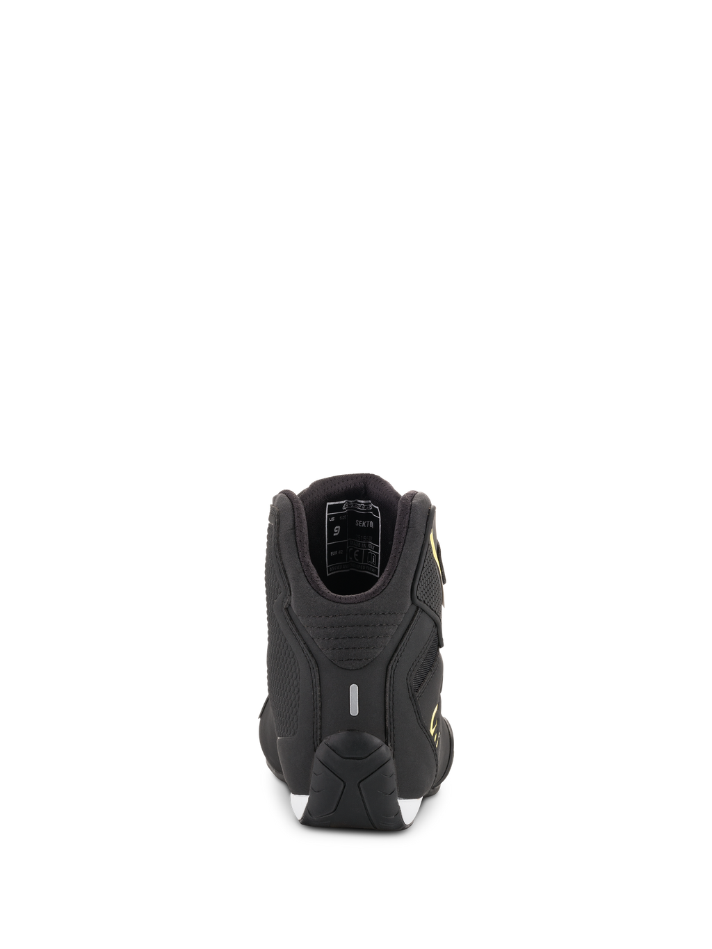 Alpinestars Sektor Schuhe, Motorradschuhe, Schwarz und Gelb Fluo, Rückansicht der Ferse mit Reflexstreifen und Details des Innenfutters, strukturierte Performance-Sohle