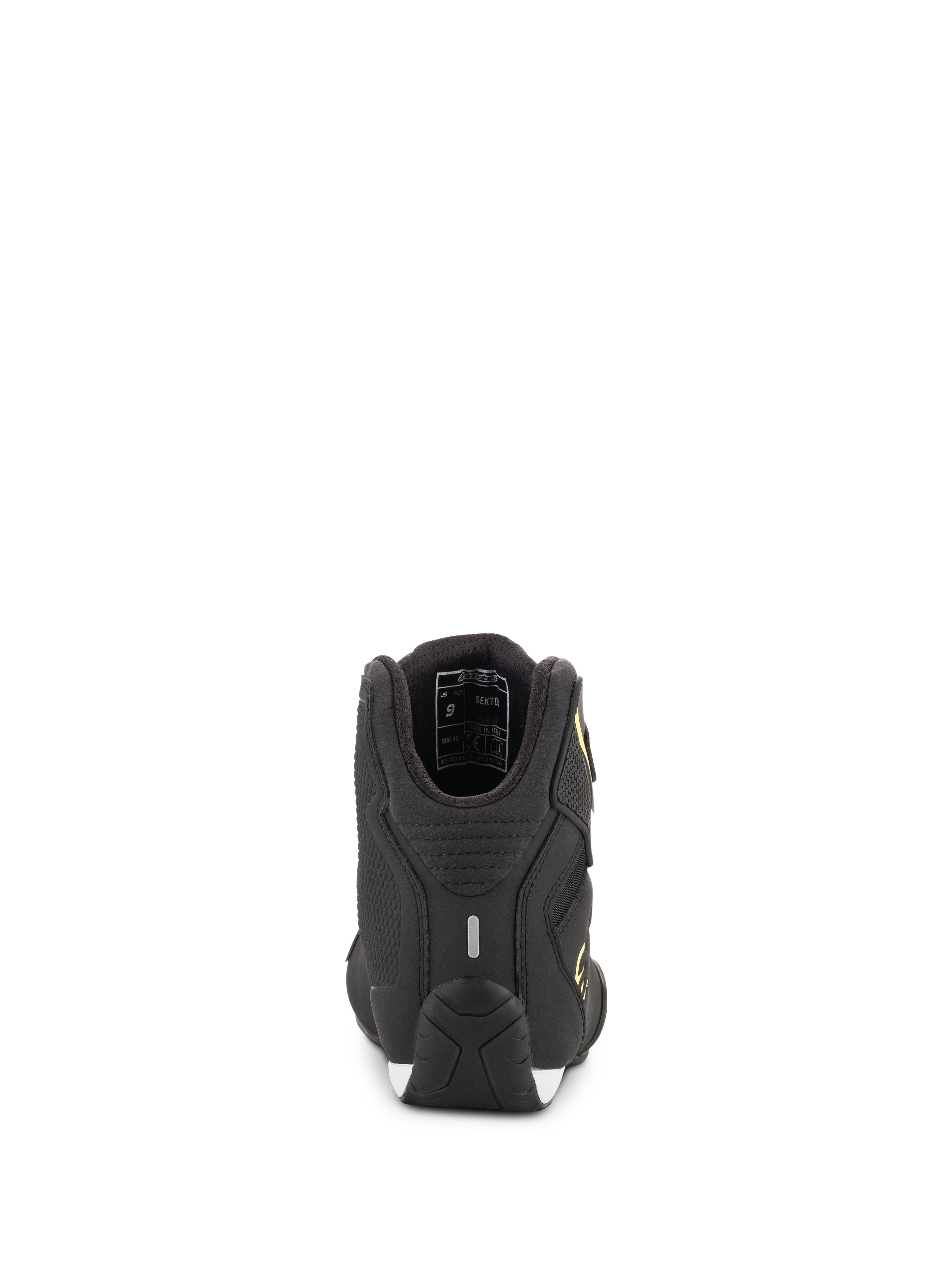 Alpinestars Sektor Schuhe, Motorradschuhe, Schwarz und Gelb Fluo, Rückansicht der Ferse mit Reflexstreifen und Details des Innenfutters, strukturierte Performance-Sohle