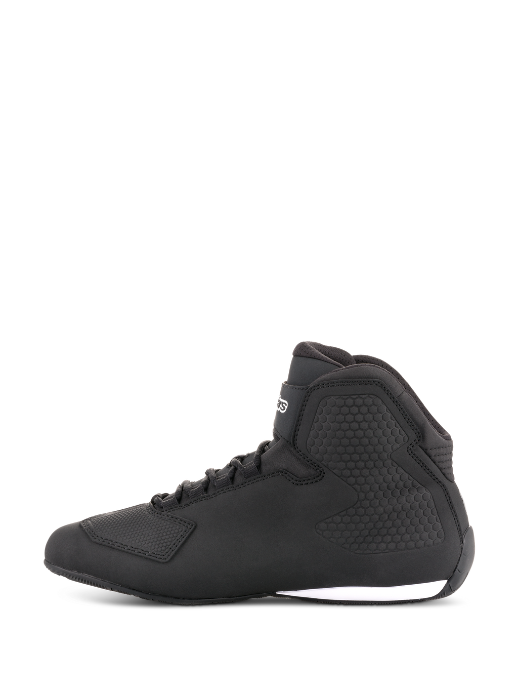 Alpinestars Sektor schoenen, motorschoenen, zwart, zijaanzicht, hoog model met veters, bovenwerk van microvezel, getextureerde enkelbescherming, strakke op racen geïnspireerde look met wit accent op de zool