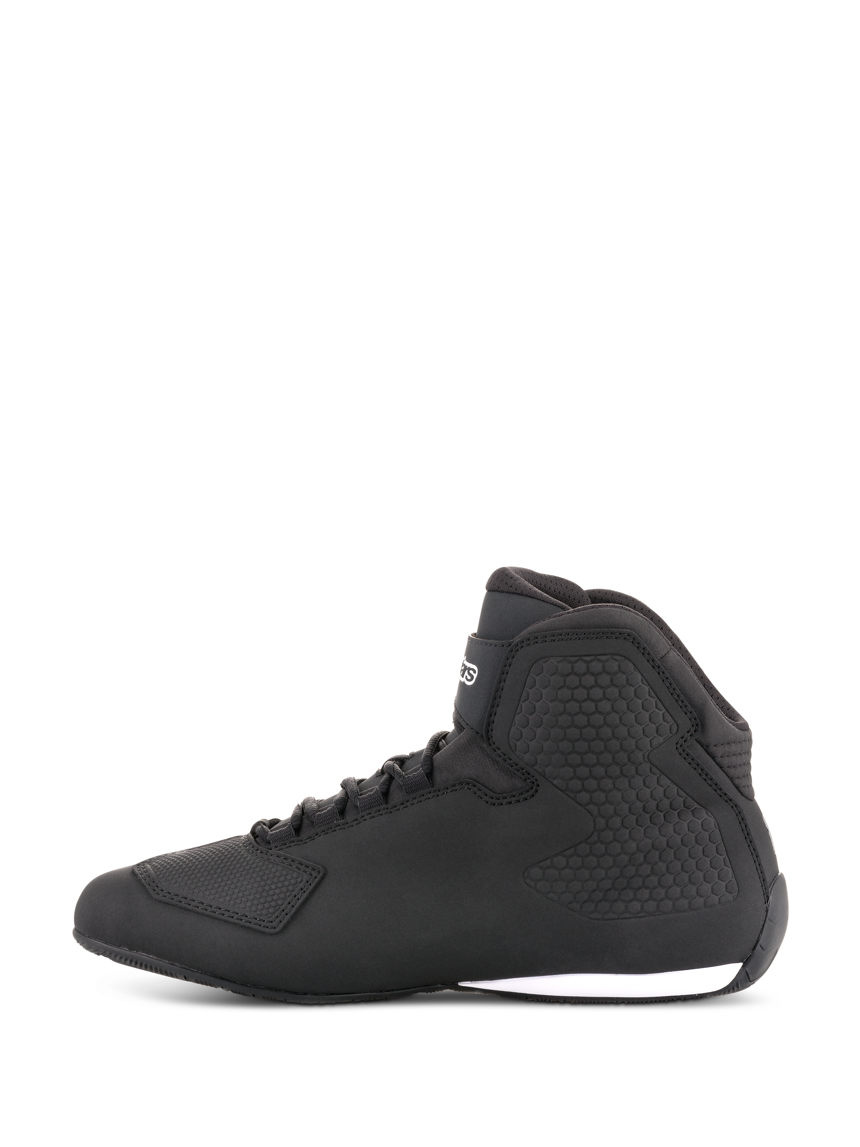 Alpinestars Sektor schoenen, motorschoenen, zwart, zijaanzicht, hoog model met veters, bovenwerk van microvezel, getextureerde enkelbescherming, strakke op racen geïnspireerde look met wit accent op de zool