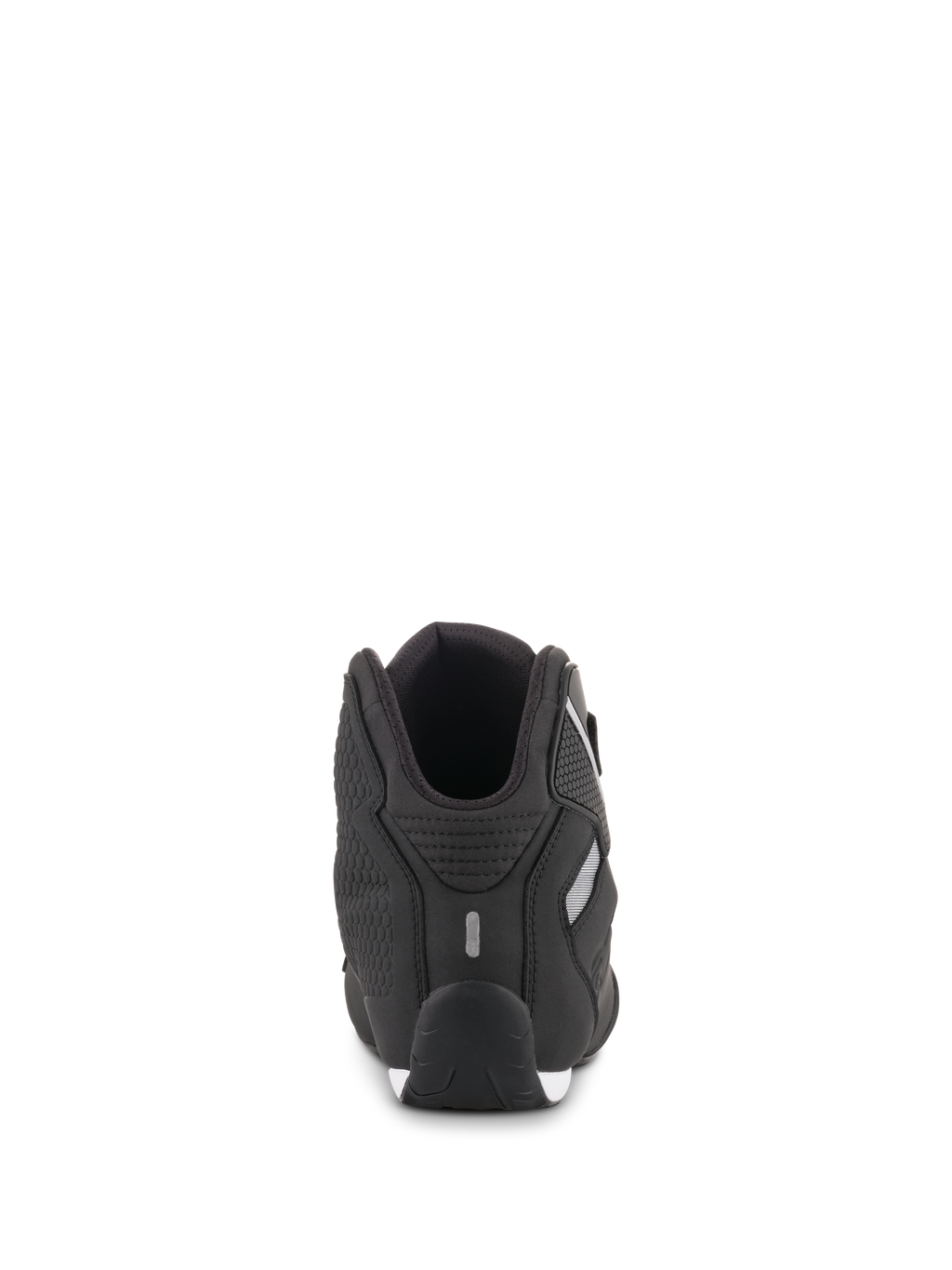 Alpinestars Sektor schoenen, zwart, achteraanzicht, toont hielconstructie met reflecterend detail en getextureerd zijpaneel, lichtgewicht microvezel motorschoeisel voor sport- en weggebruik