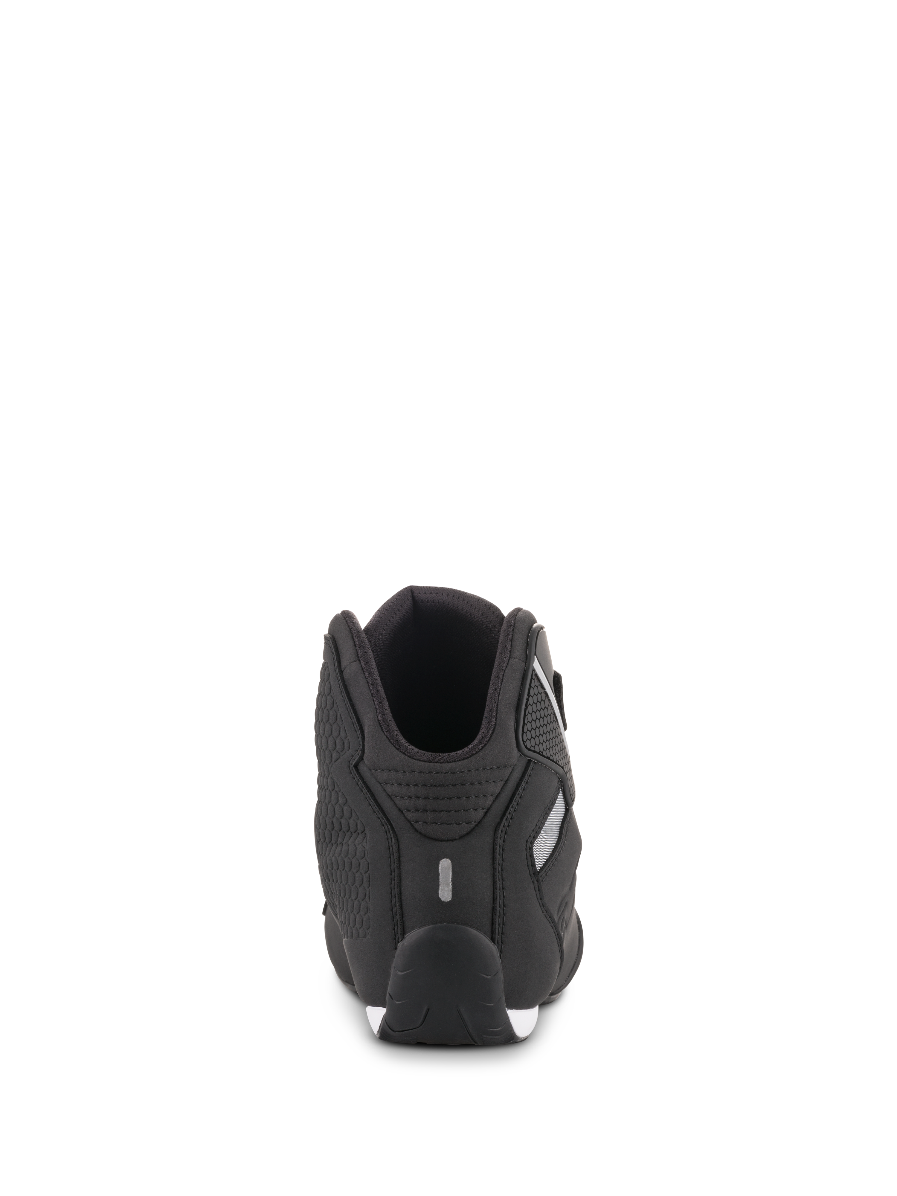 Alpinestars Sektor schoenen, zwart, achteraanzicht, toont hielconstructie met reflecterend detail en getextureerd zijpaneel, lichtgewicht microvezel motorschoeisel voor sport- en weggebruik