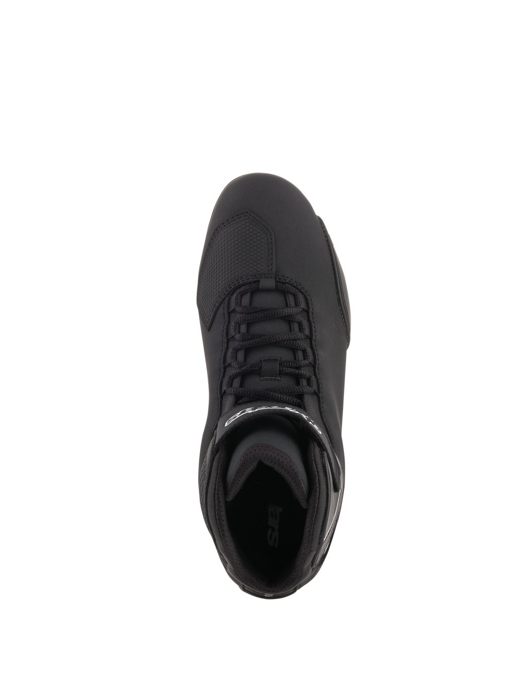 Alpinestars Sektor schoenen, motorschoenen, zwart, bovenaanzicht met snelvetersysteem, enkelbandje met wit logo en versterkt teengedeelte, strakke microvezelconstructie