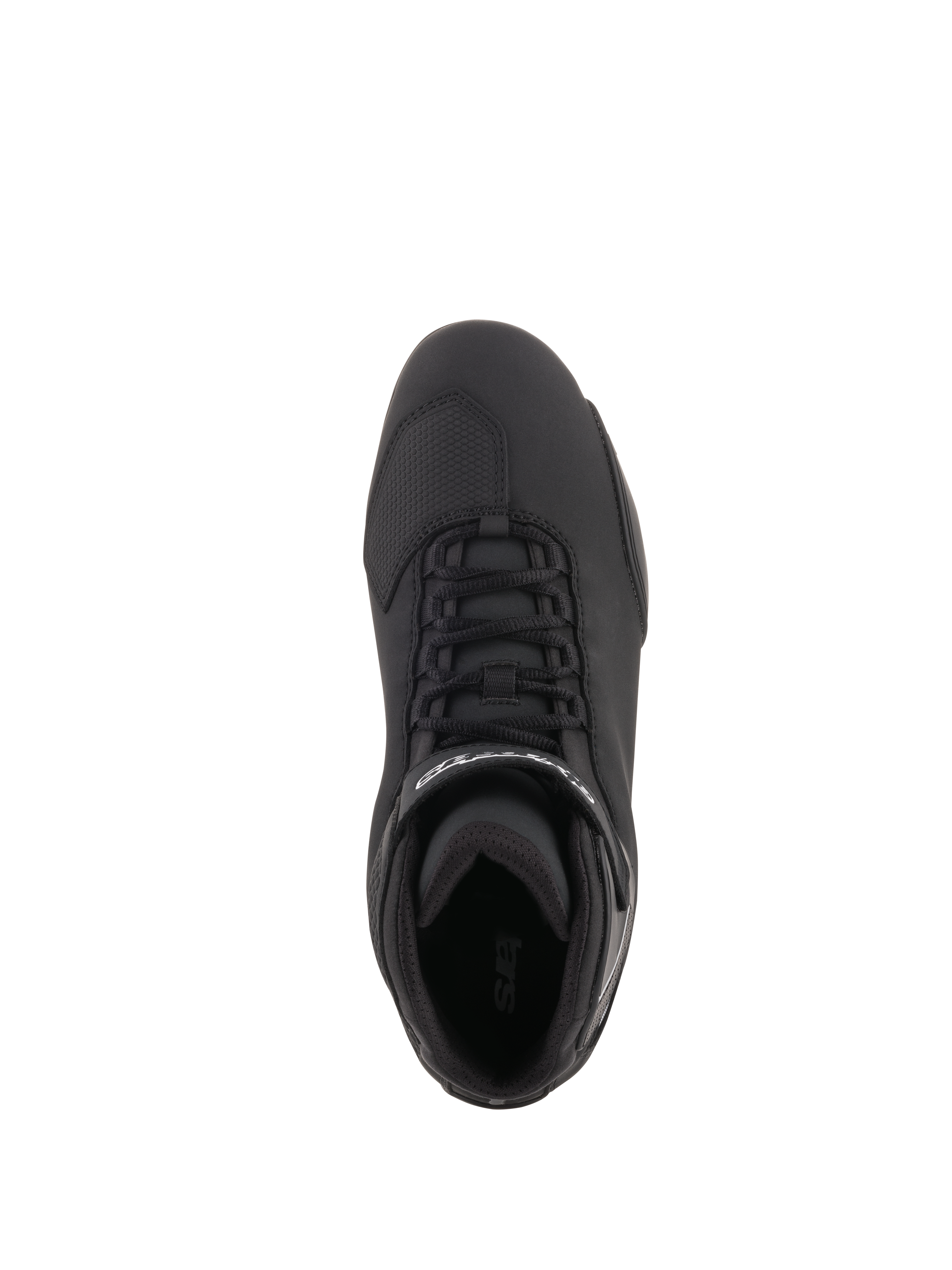 Alpinestars Sektor schoenen, motorschoenen, zwart, bovenaanzicht met snelvetersysteem, enkelbandje met wit logo en versterkt teengedeelte, strakke microvezelconstructie