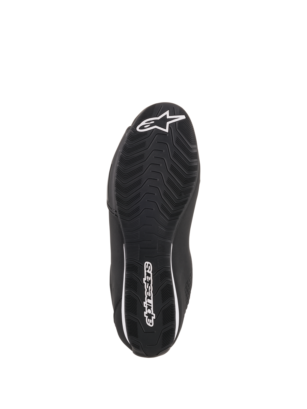 Alpinestars Sektor schoenen, zwarte motorrijschoenen, onderaanzicht met getextureerde rubberen zool, wit Alpinestars ster-logo op de neus en merknaam op de hiel, ontworpen voor grip en duurzaamheid