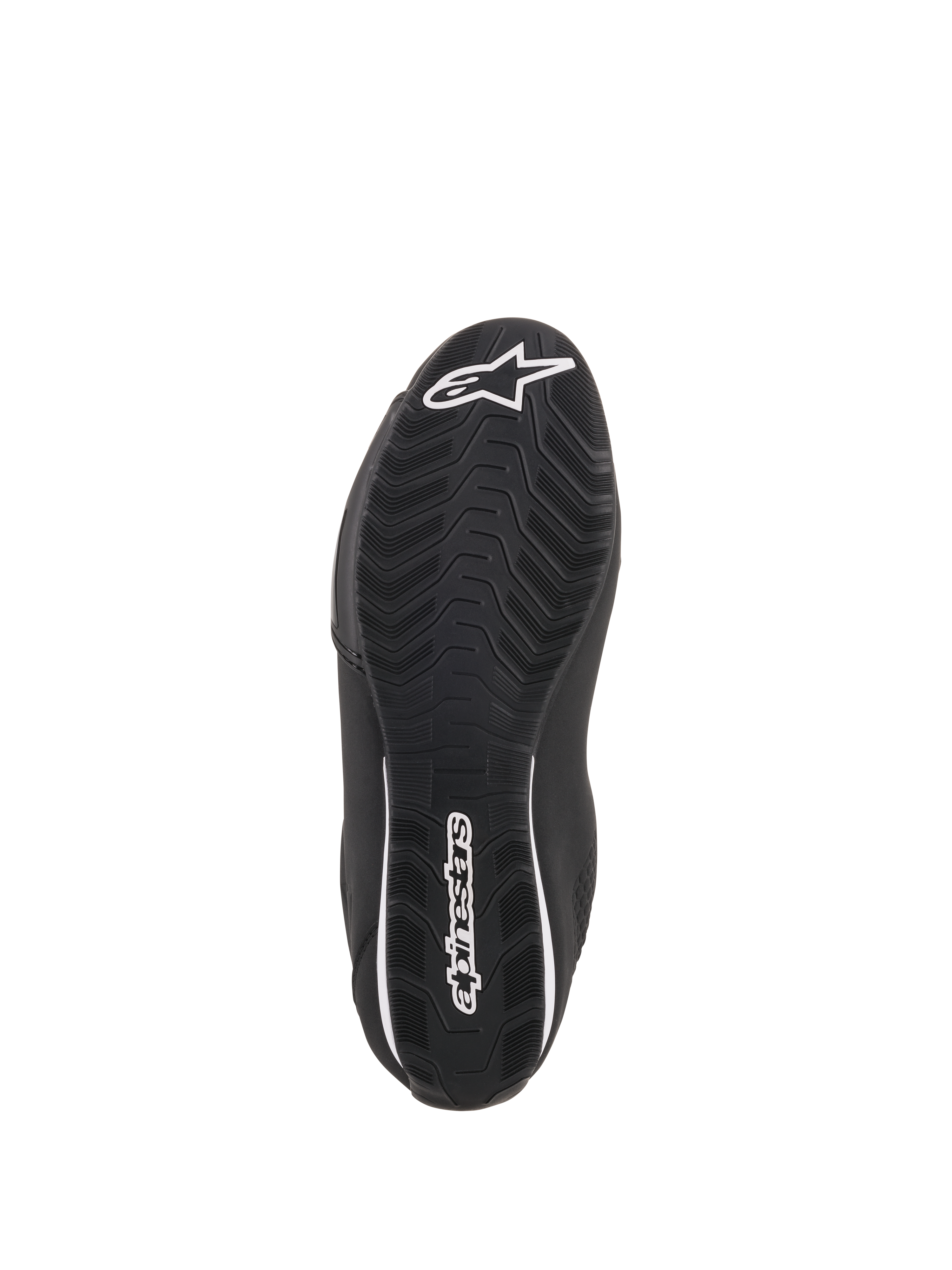 Alpinestars Sektor schoenen, zwarte motorrijschoenen, onderaanzicht met getextureerde rubberen zool, wit Alpinestars ster-logo op de neus en merknaam op de hiel, ontworpen voor grip en duurzaamheid
