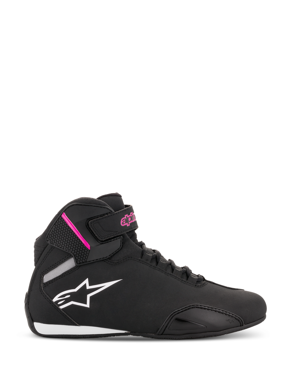 Chaussures Stella Sektor Femme Alpinestars, chaussures de moto montantes noires et fuchsia, logo étoile blanc, accents roses sur la sangle de cheville, lacets noirs, semelle blanche et noire, construction en microfibre légère