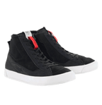 Alpinestars Stated Shoes, Urban Motorcycle Riding Shoes, Black with White soles, retro street-sneaker style, high-top design featuring nubuck and suede construction, classic laces with red accents, protective urban riding footwear